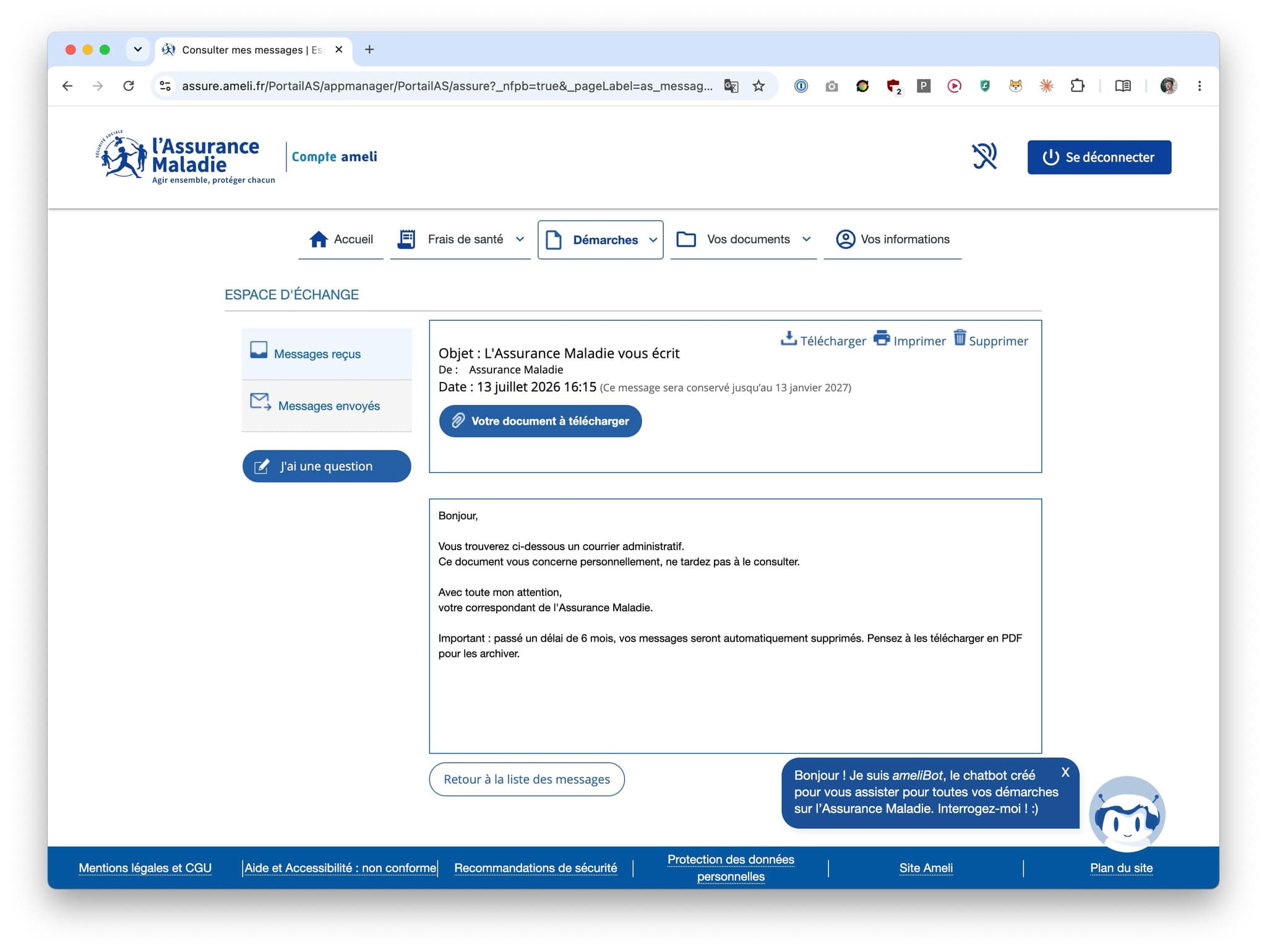 The French health service message portal, where the message body is a boilerplate notice pointing to a PDF attachment and there is no reply button