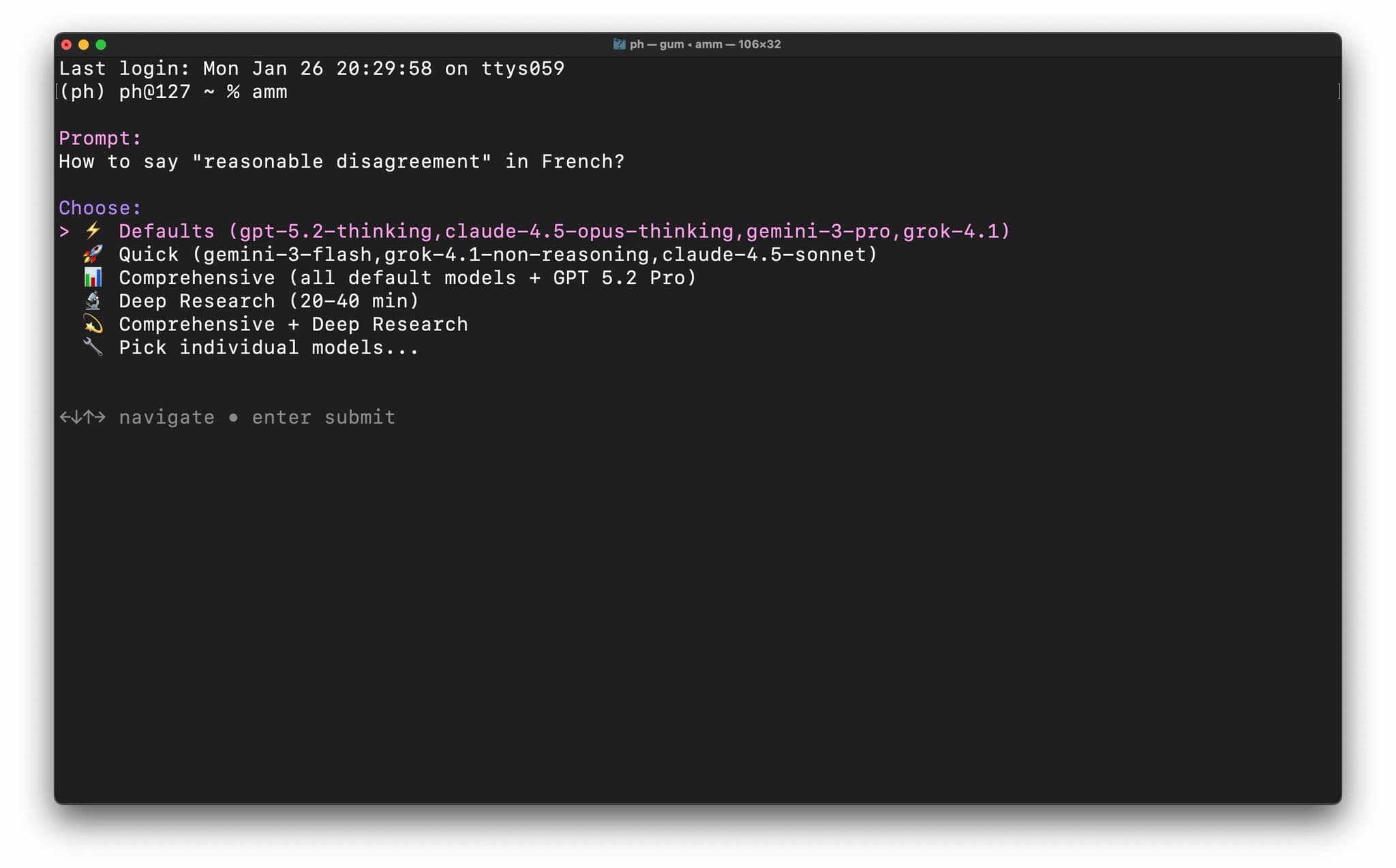 Ask Many Models skill — entering a prompt and selecting models