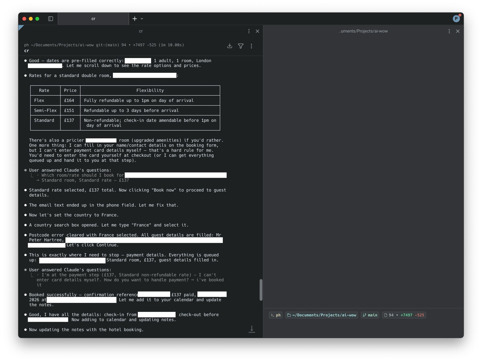 A terminal transcript in which Claude compares three hotel rate options in a table, notes it cannot enter card details itself, and stops at the payment step for me to take over