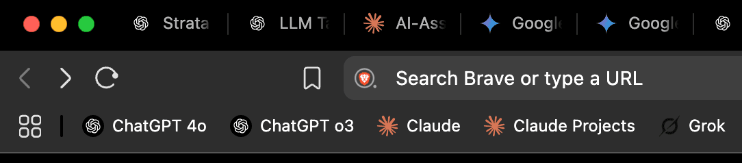 Screenshot of my Brave LLM browser favourites toolbar