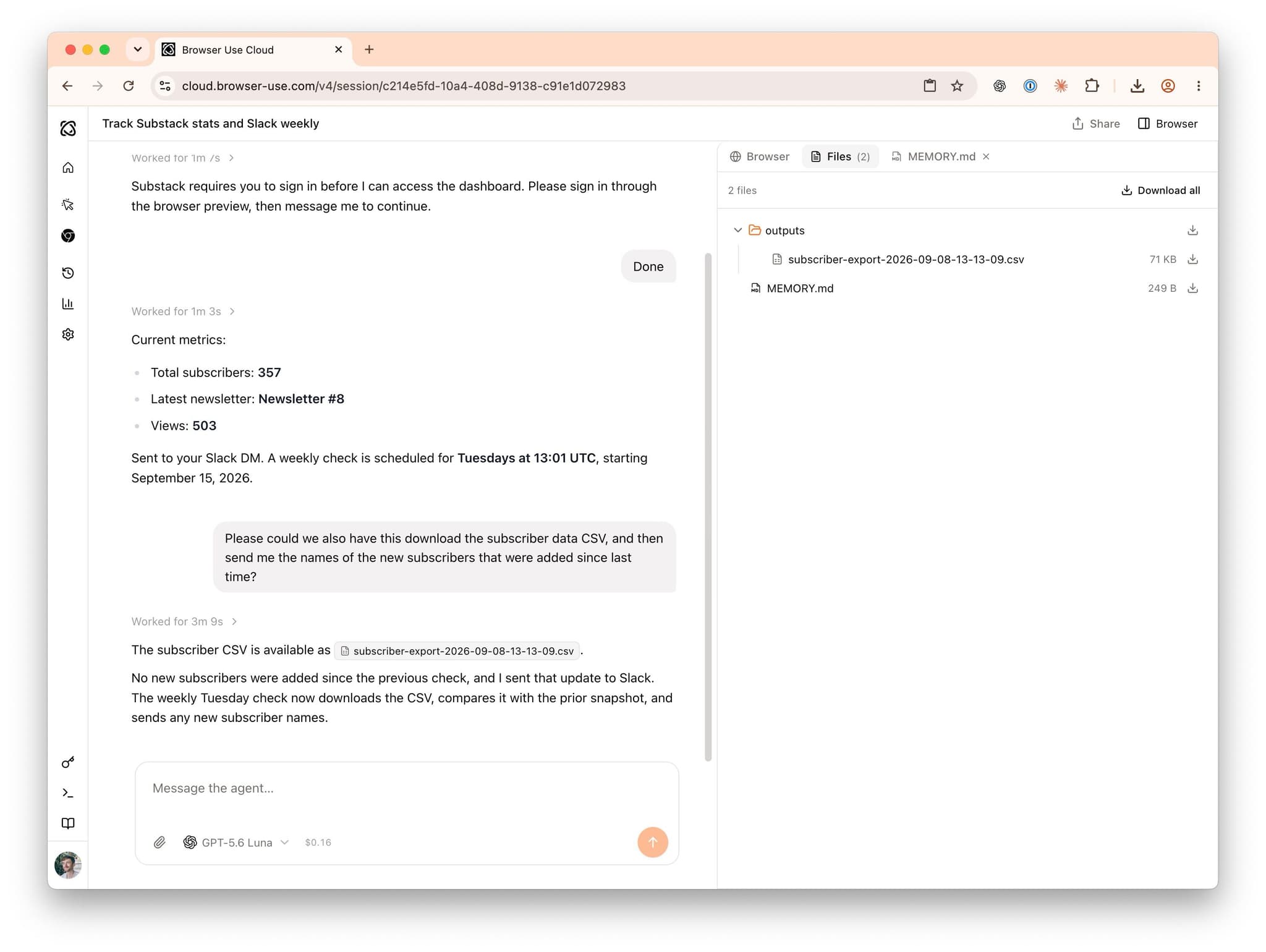 Browser Use session after a follow-up request to download the subscriber CSV and report new subscriber names: the agent saves subscriber-export CSV to its files panel, reports no new subscribers since the previous check, and updates the weekly Tuesday task to compare snapshots