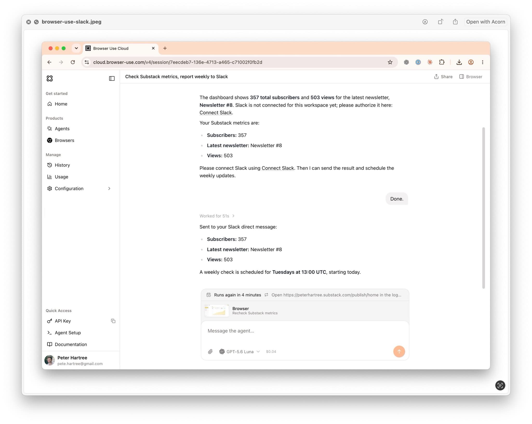 Browser Use session reporting 357 subscribers and 503 views for Newsletter #8, sent to Slack, with a weekly check scheduled for Tuesdays at 13:00 UTC