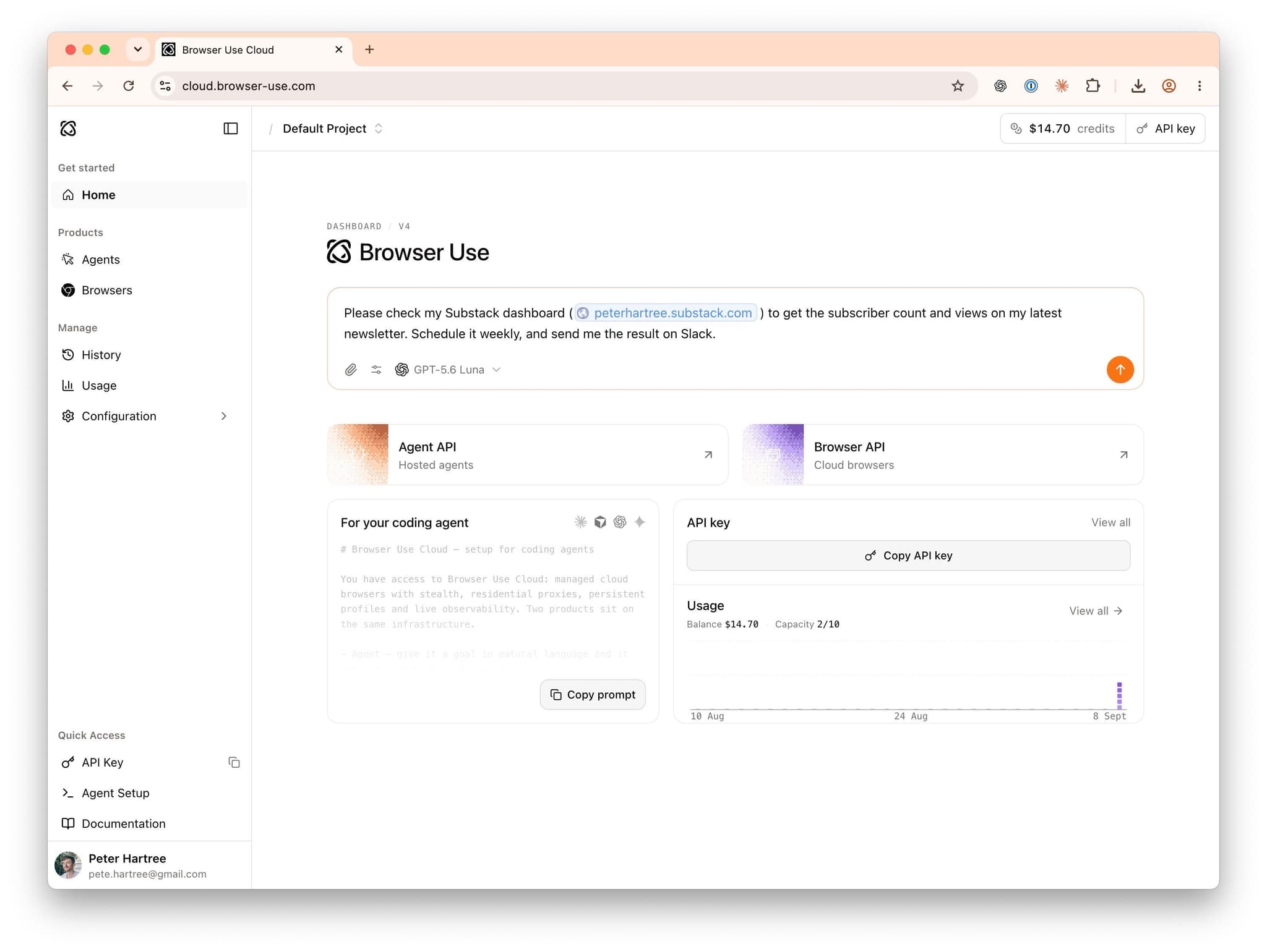 Browser Use Cloud home page with the prompt: check my Substack dashboard for subscriber count and views on my latest newsletter, schedule it weekly, and send the result on Slack