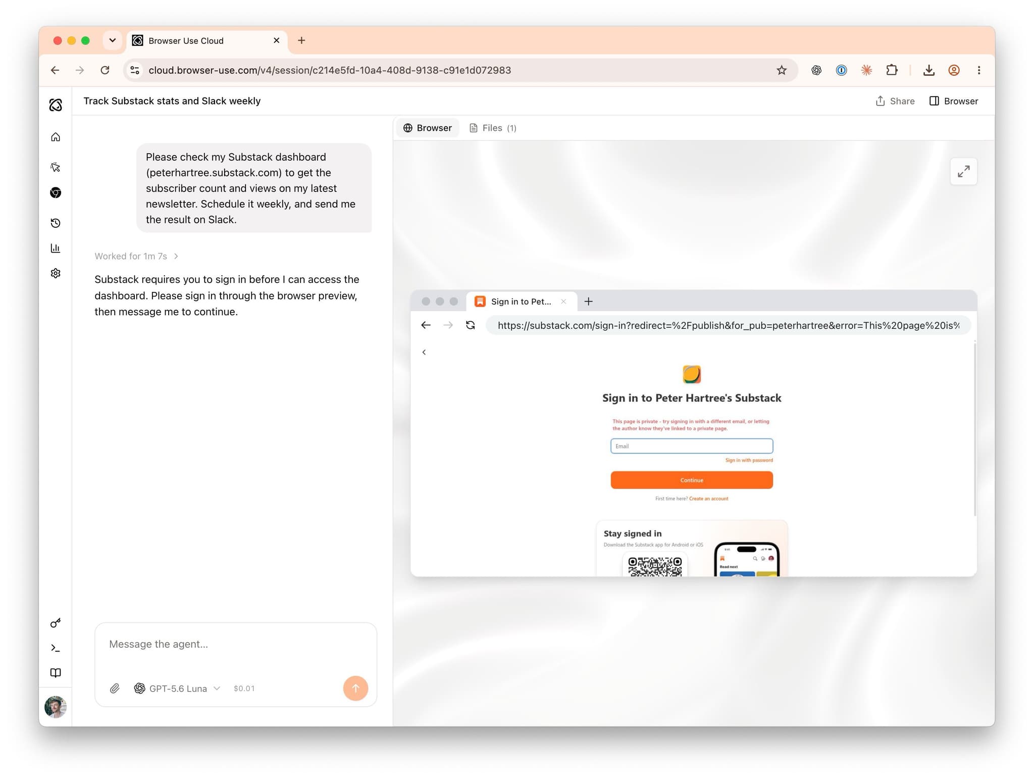 Browser Use session paused on a Substack sign-in page, with the agent asking the user to sign in through the browser preview before continuing
