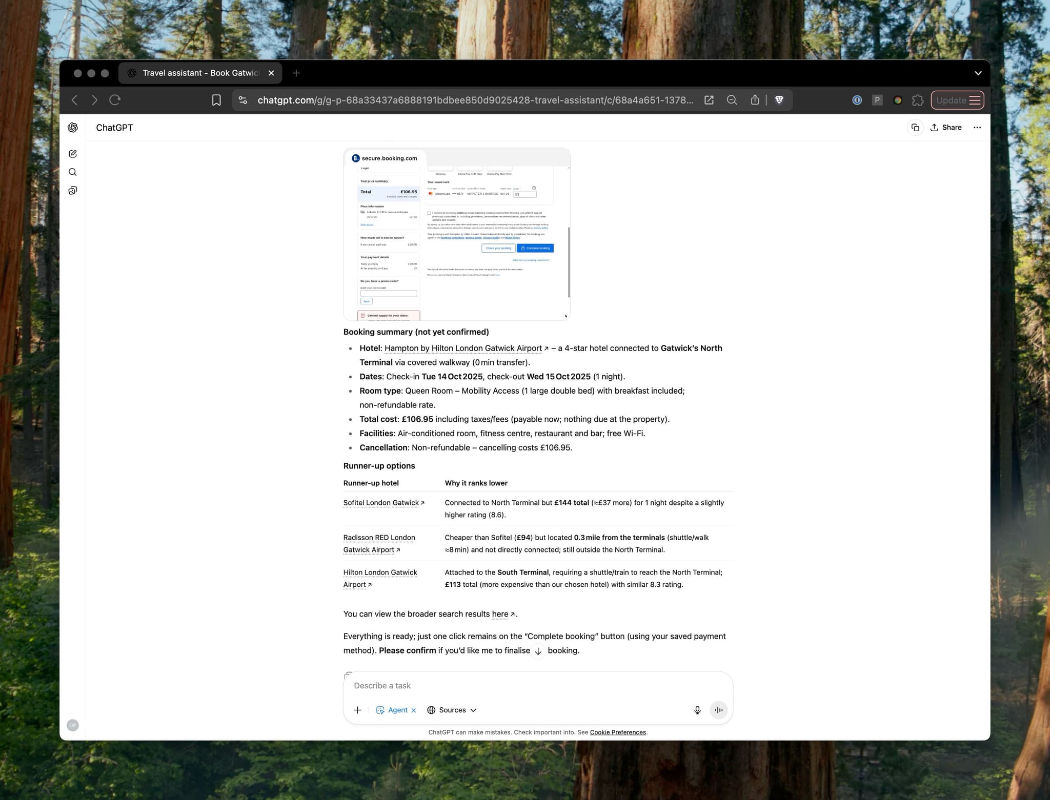 Screenshot of ChatGPT Agent booking a hotel