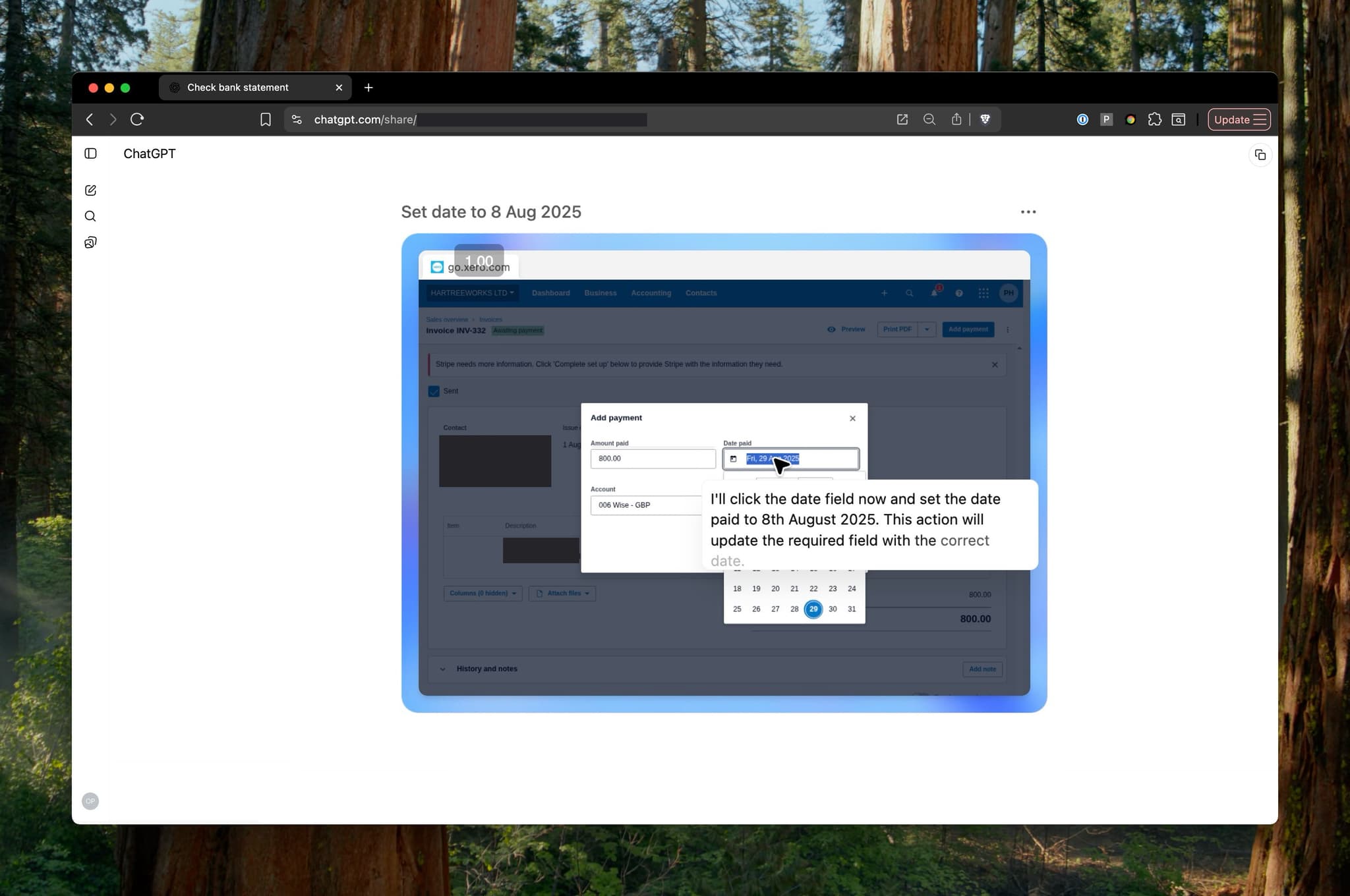 Screenshot of ChatGPT Agent recording invoice payments in Xero