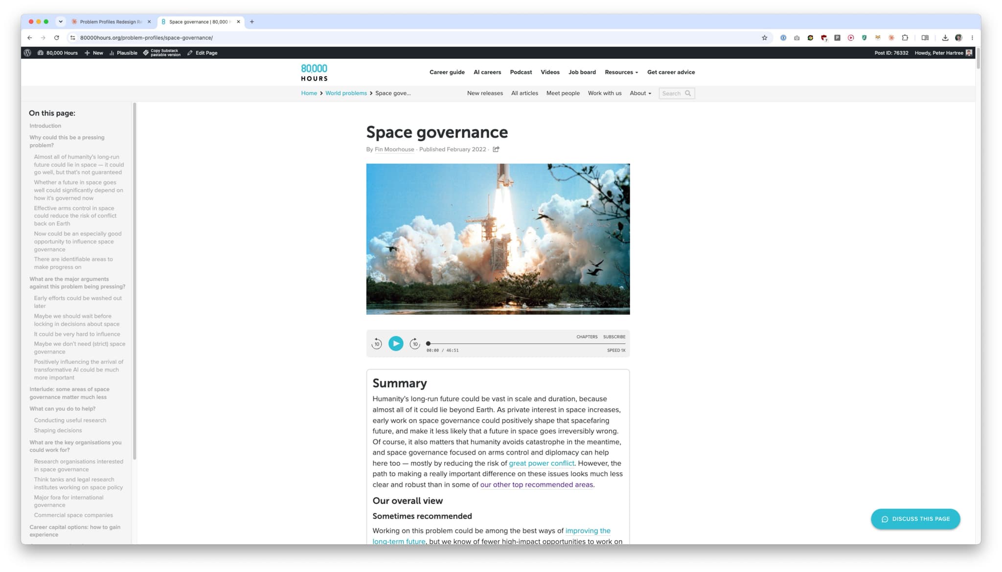 The current 80,000 Hours space governance problem profile: navigation and breadcrumb bars, a left sidebar table of contents, left-aligned title and byline, and the rocket launch photo with an audio player below