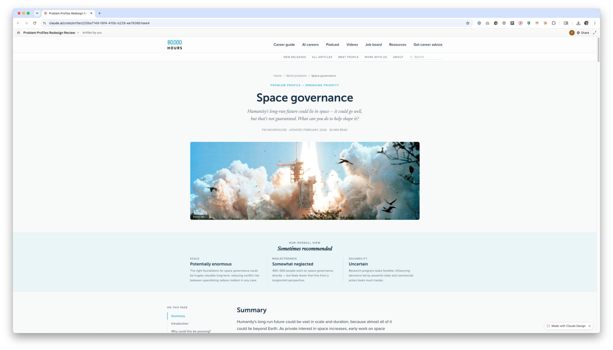 Redesigned 80,000 Hours problem profile: breadcrumb, 'Problem profile — emerging priority' eyebrow, centred 'Space governance' title with an italic standfirst, byline, and a full-width rocket launch photo