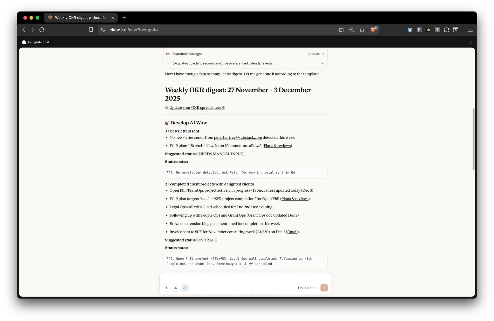 Claude OKR skill chat screenshot