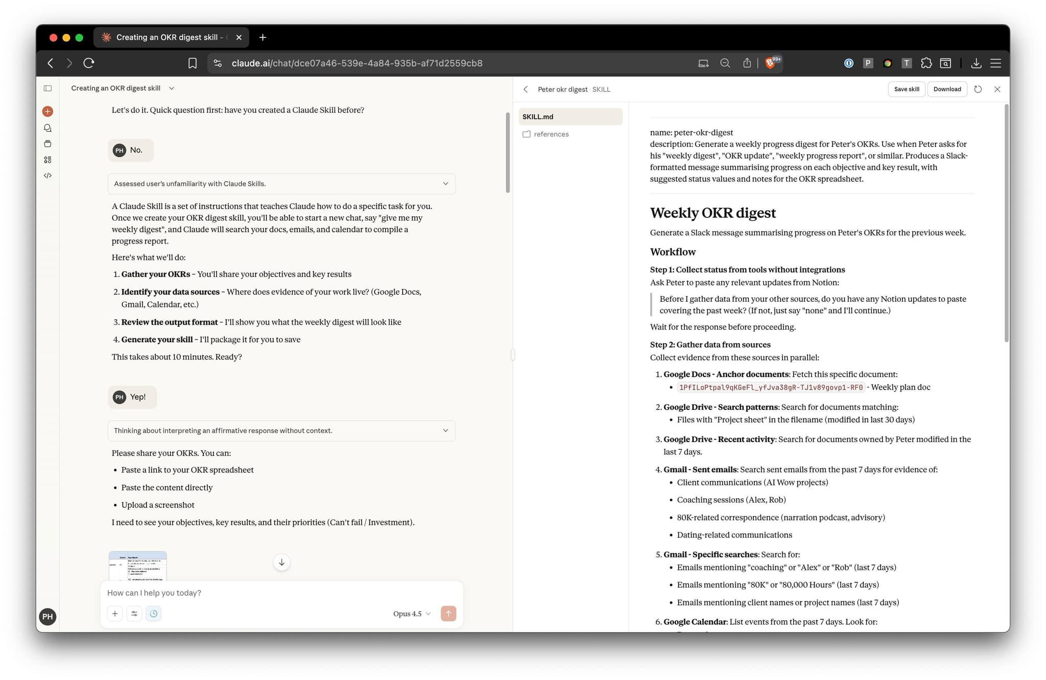 Claude OKR skill chat screenshot