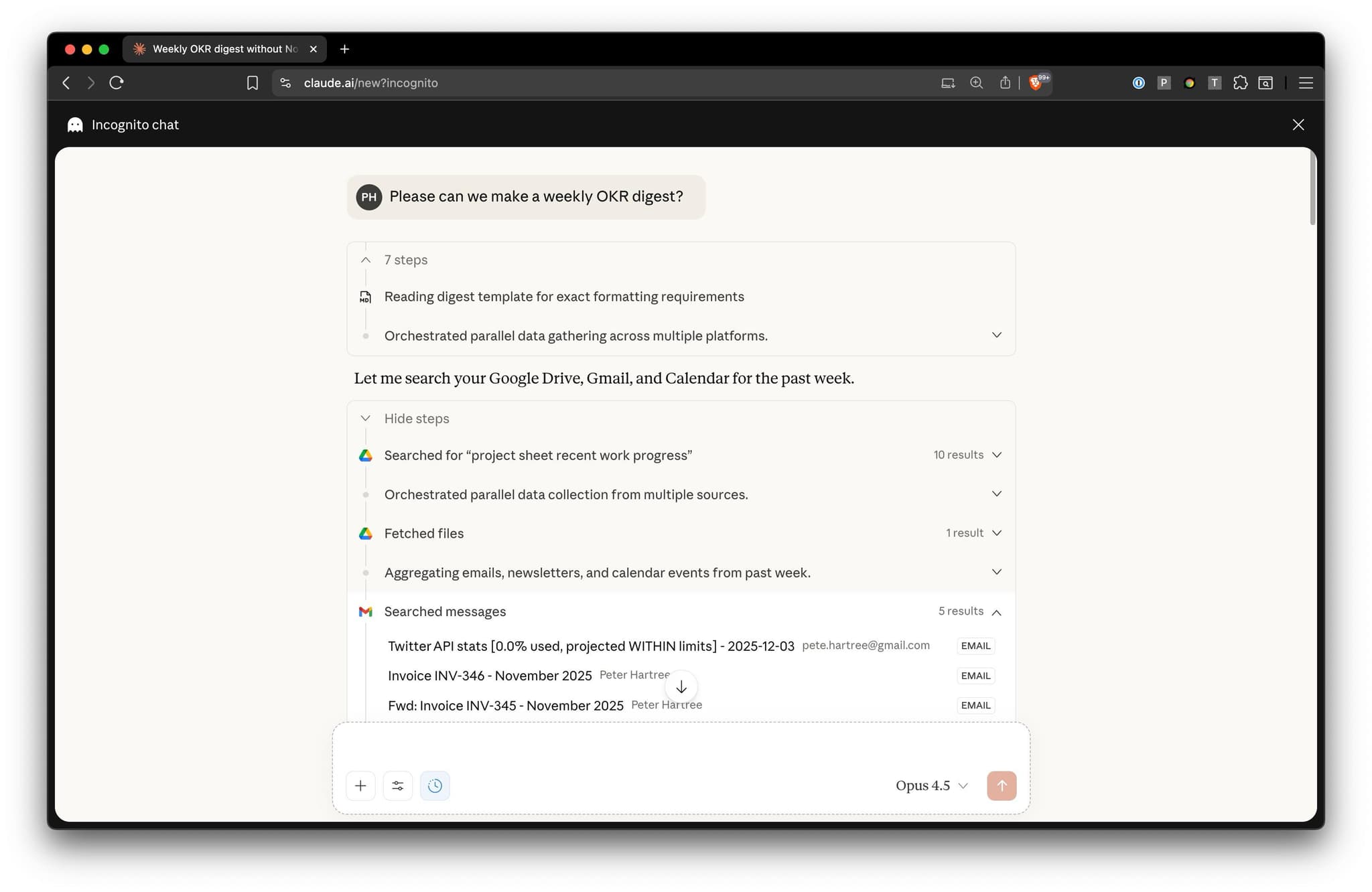 Claude OKR skill chat screenshot