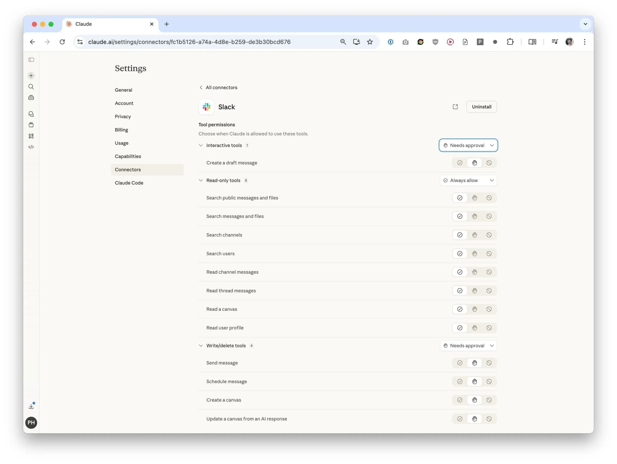 Screenshot of Claude Slack integration options