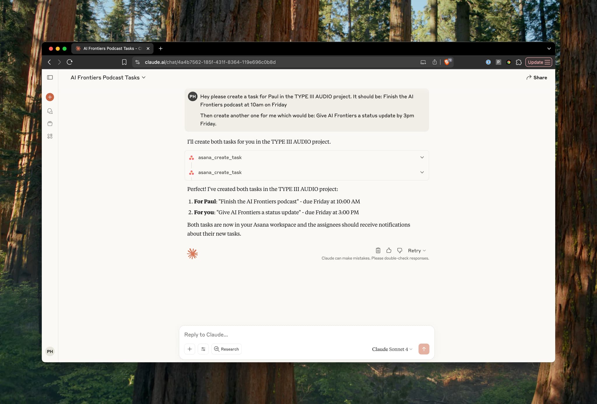 Screenshot of creating Asana tasks in Claude