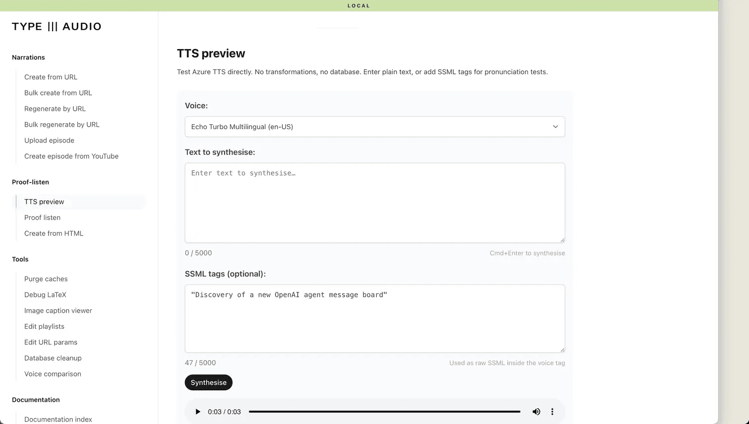 A captured display showing the TYPE III AUDIO text-to-speech preview, with a voice selector, sample text and audio player.