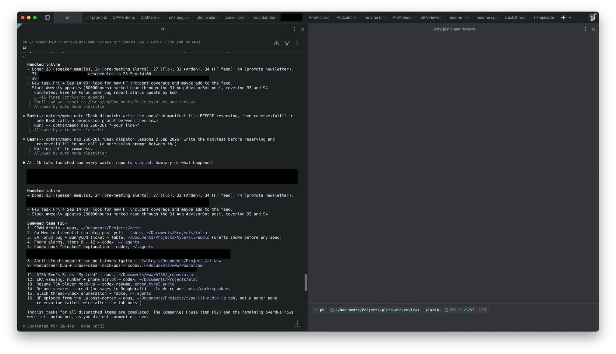 A terminal showing the completed task dispatch and the resulting agent sessions in separate tabs