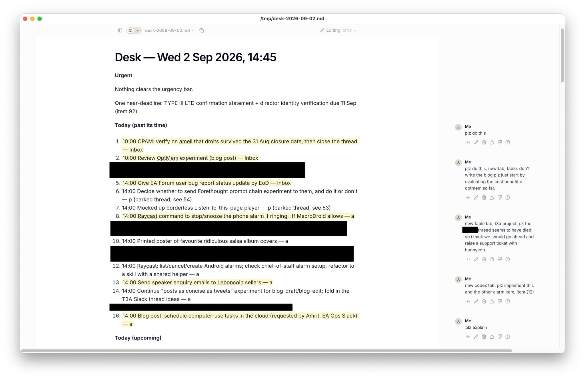 A Google Doc task list with instructions for AI agents added as comments in the margin