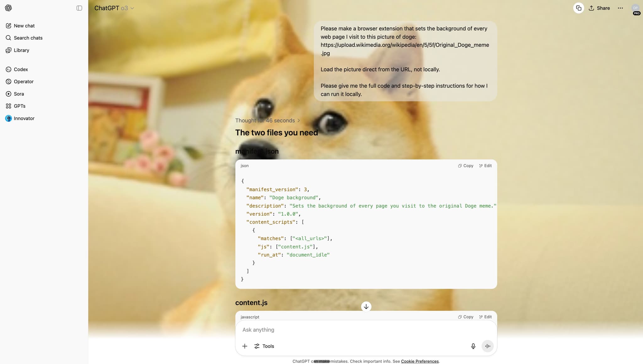 ChatGPT with doge as the background image