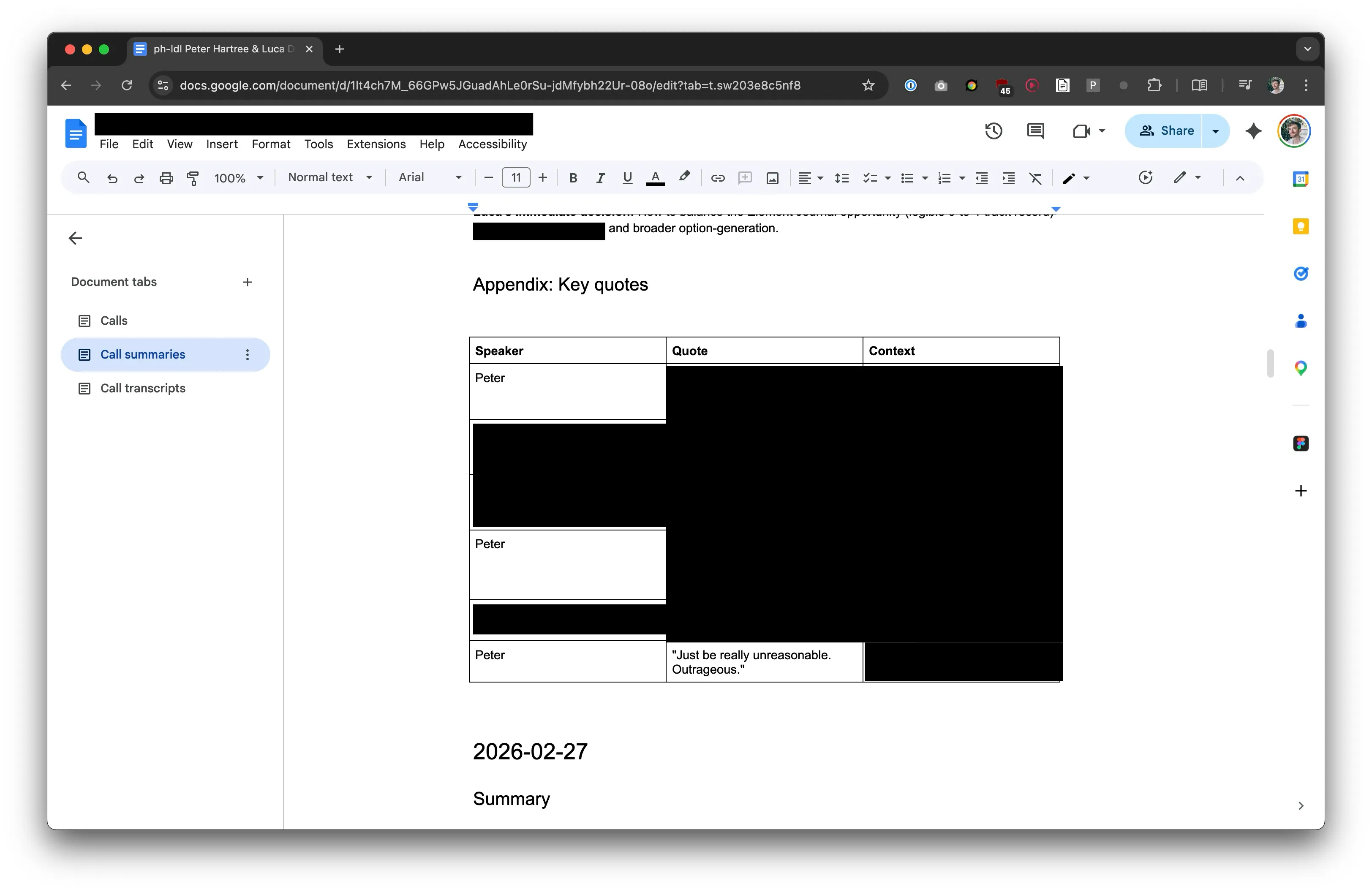 Screenshot of Google Doc meeting summary