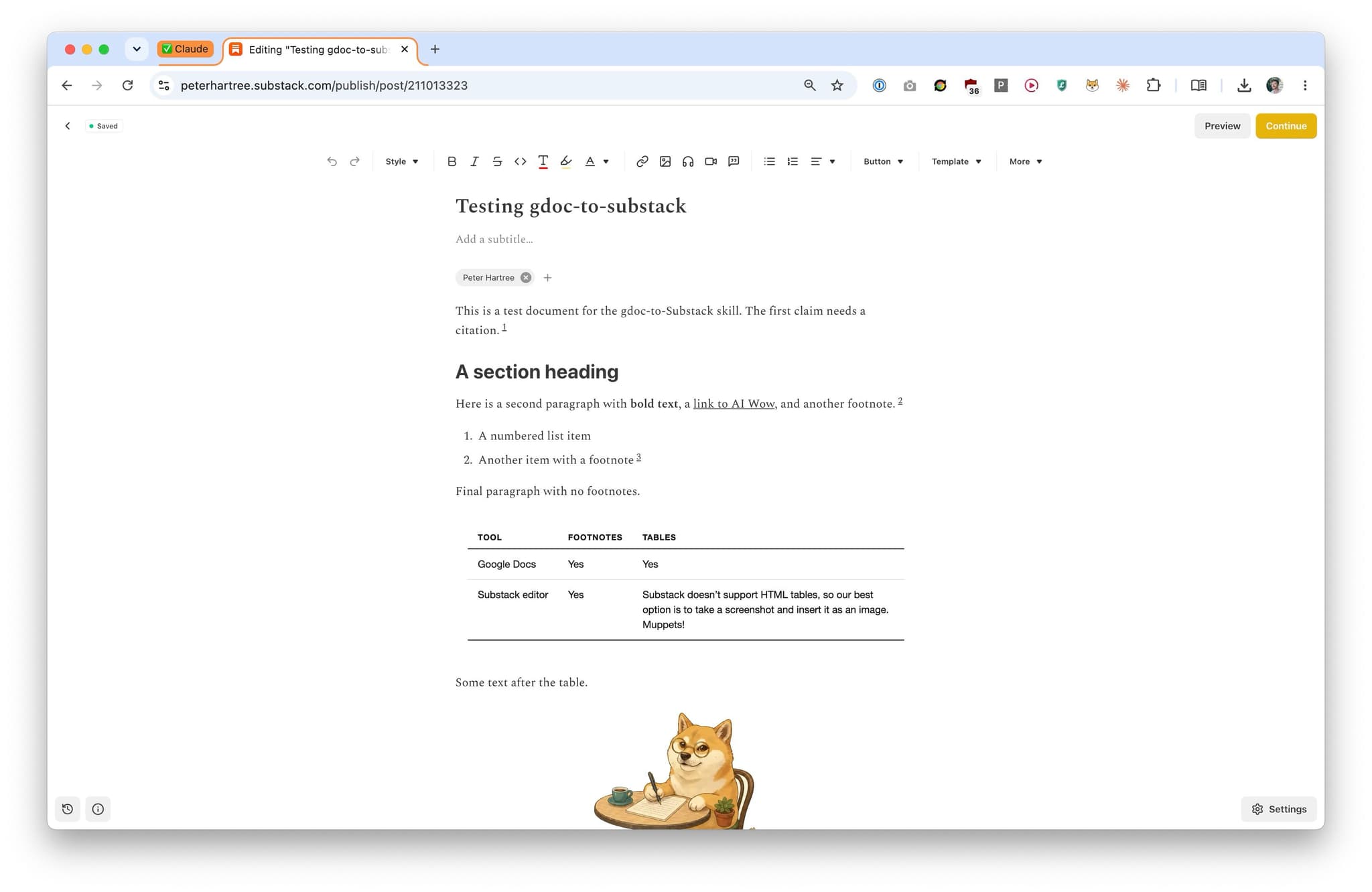 The same document as a Substack draft, with superscript footnote anchors and a table inserted as an image