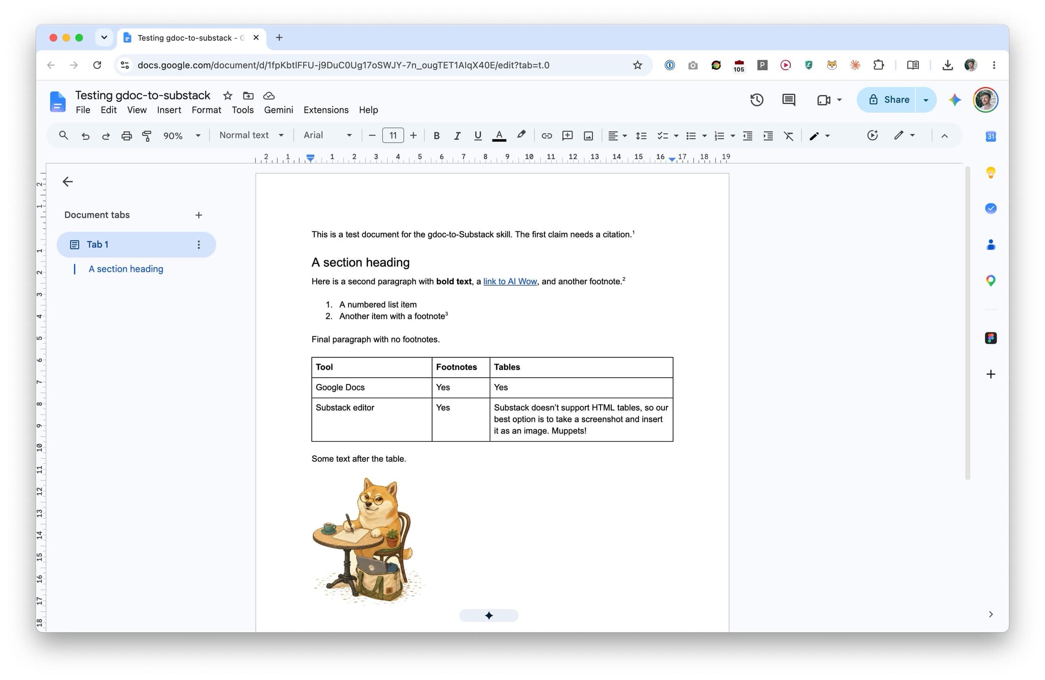 A Google Doc containing headings, a numbered list, links, and three footnotes