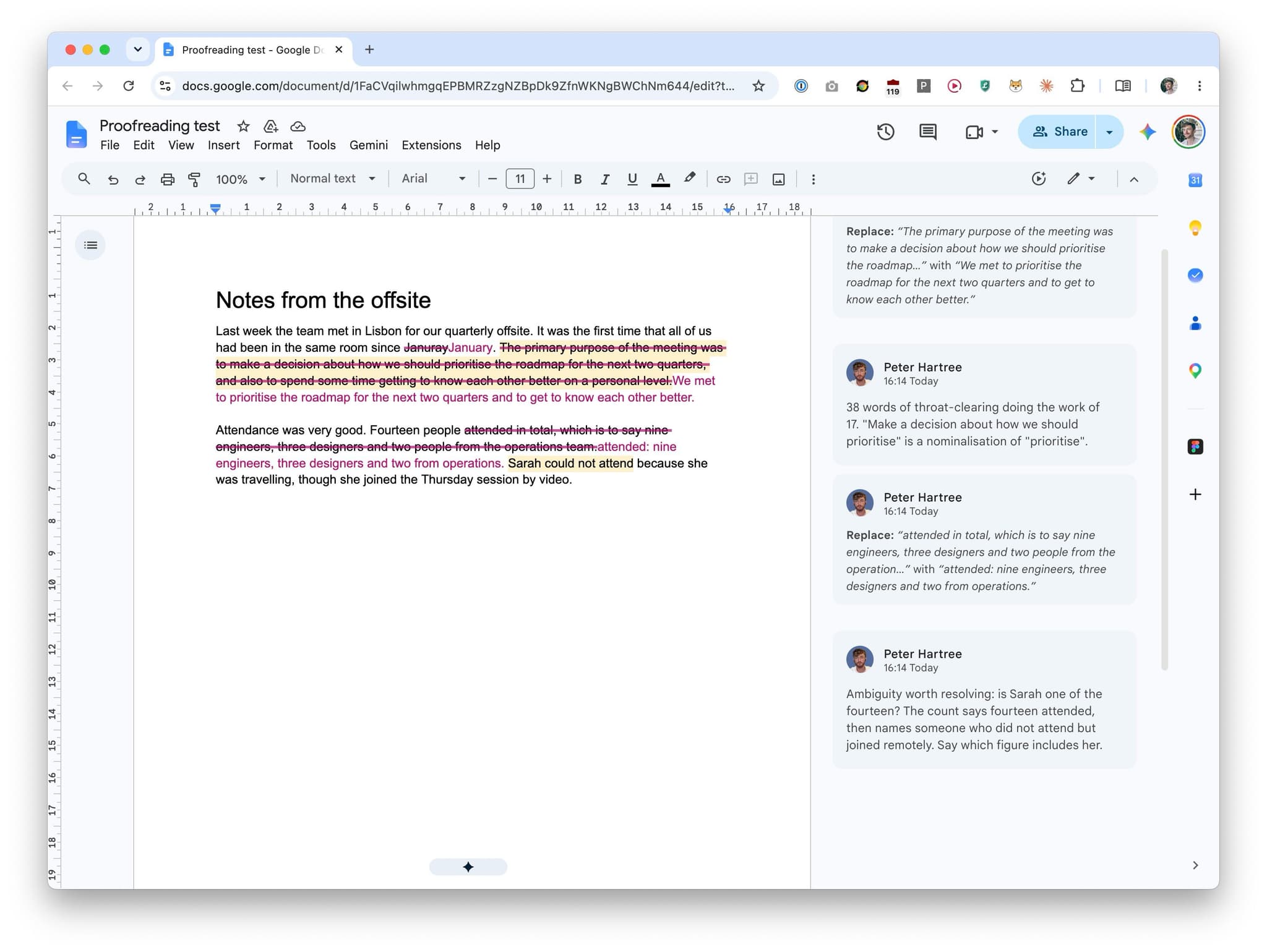 A Google Docs proofreading test showing AI-generated suggested edits in the document and explanatory comments in the sidebar