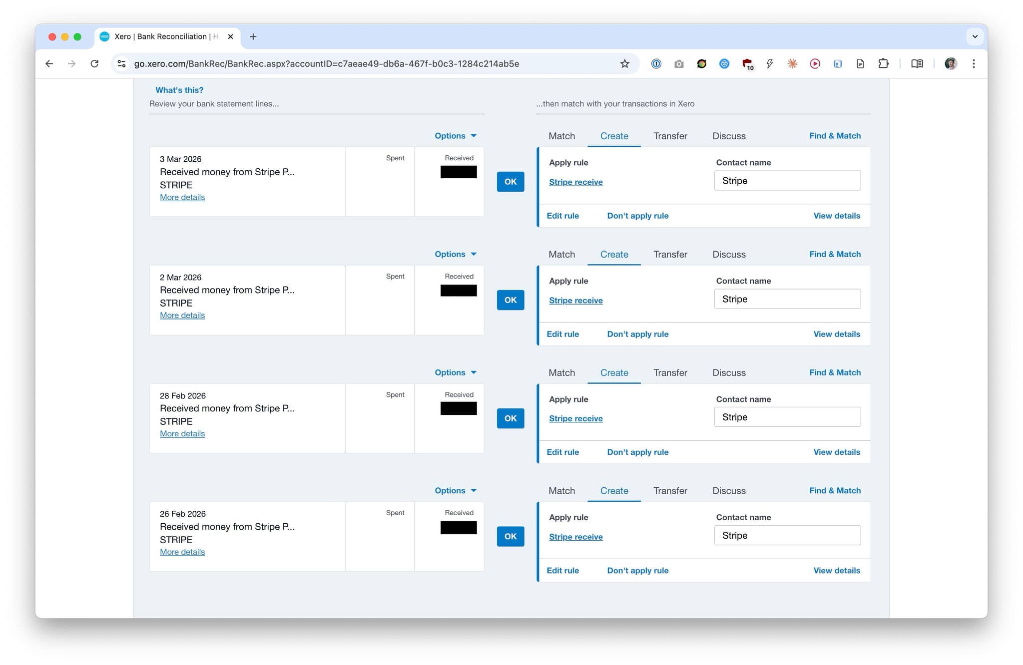 Xero reconciliation screenshot