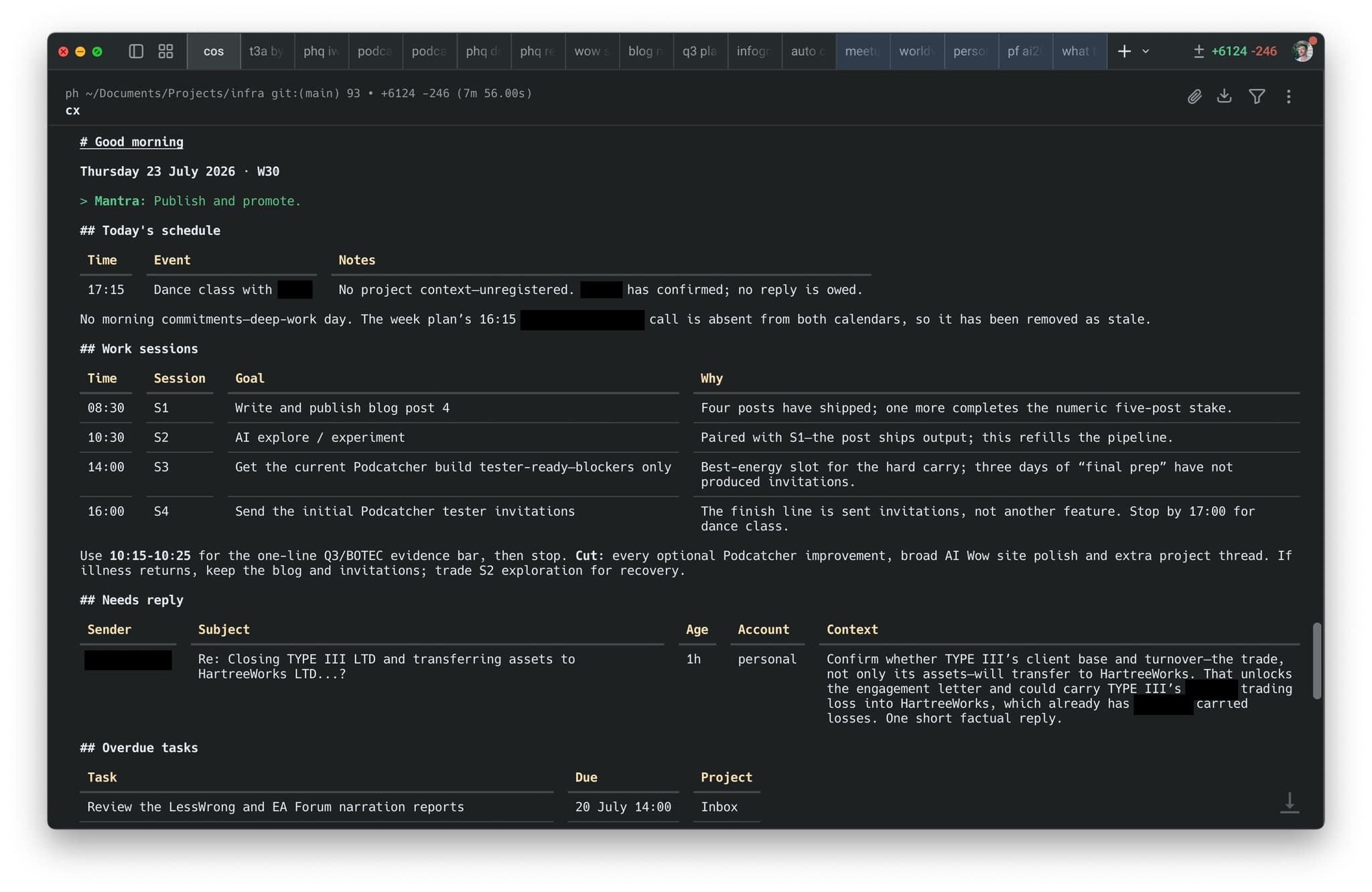 A terminal-based daily briefing showing the morning schedule, priorities and work sessions