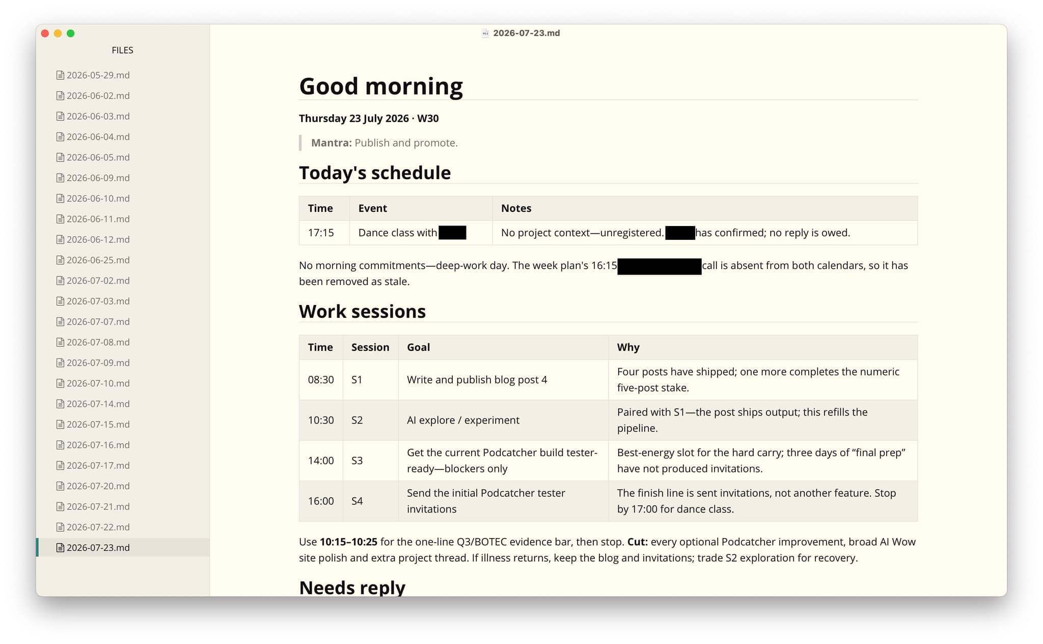 The morning plan rendered in Roughdraft as a table with sessions, outcomes and constraints