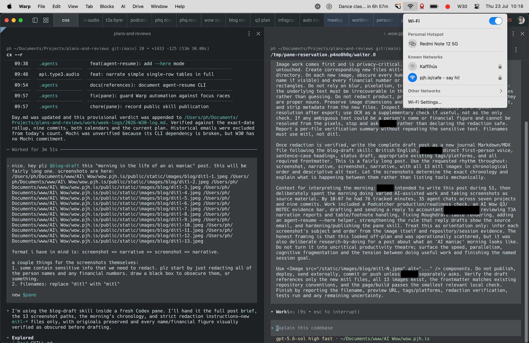 Two terminal panes showing the full blog brief and a fresh Codex agent beginning the privacy-first image work