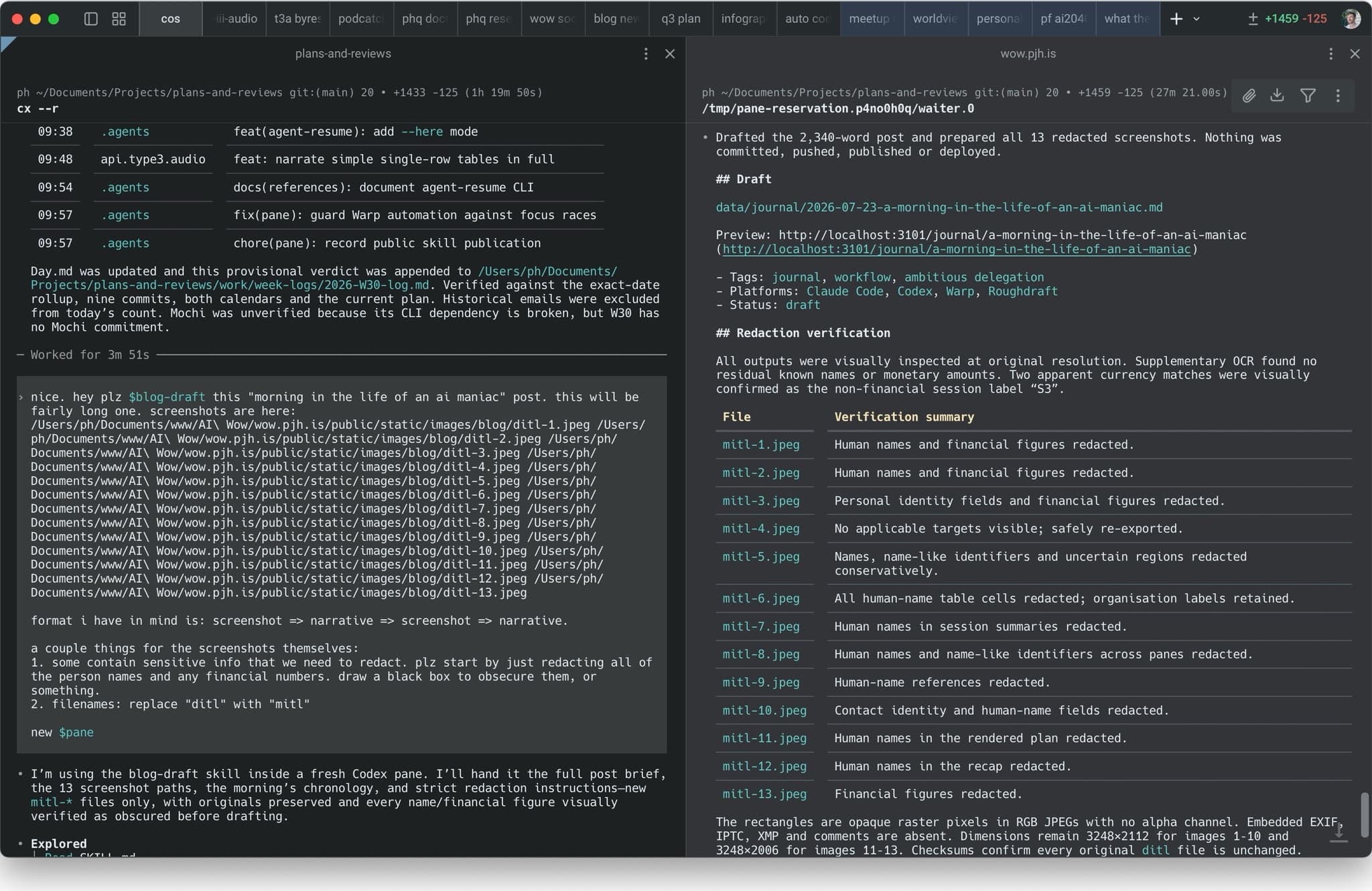 The terminal showing the original post brief beside the agent’s completed draft and redaction verification report