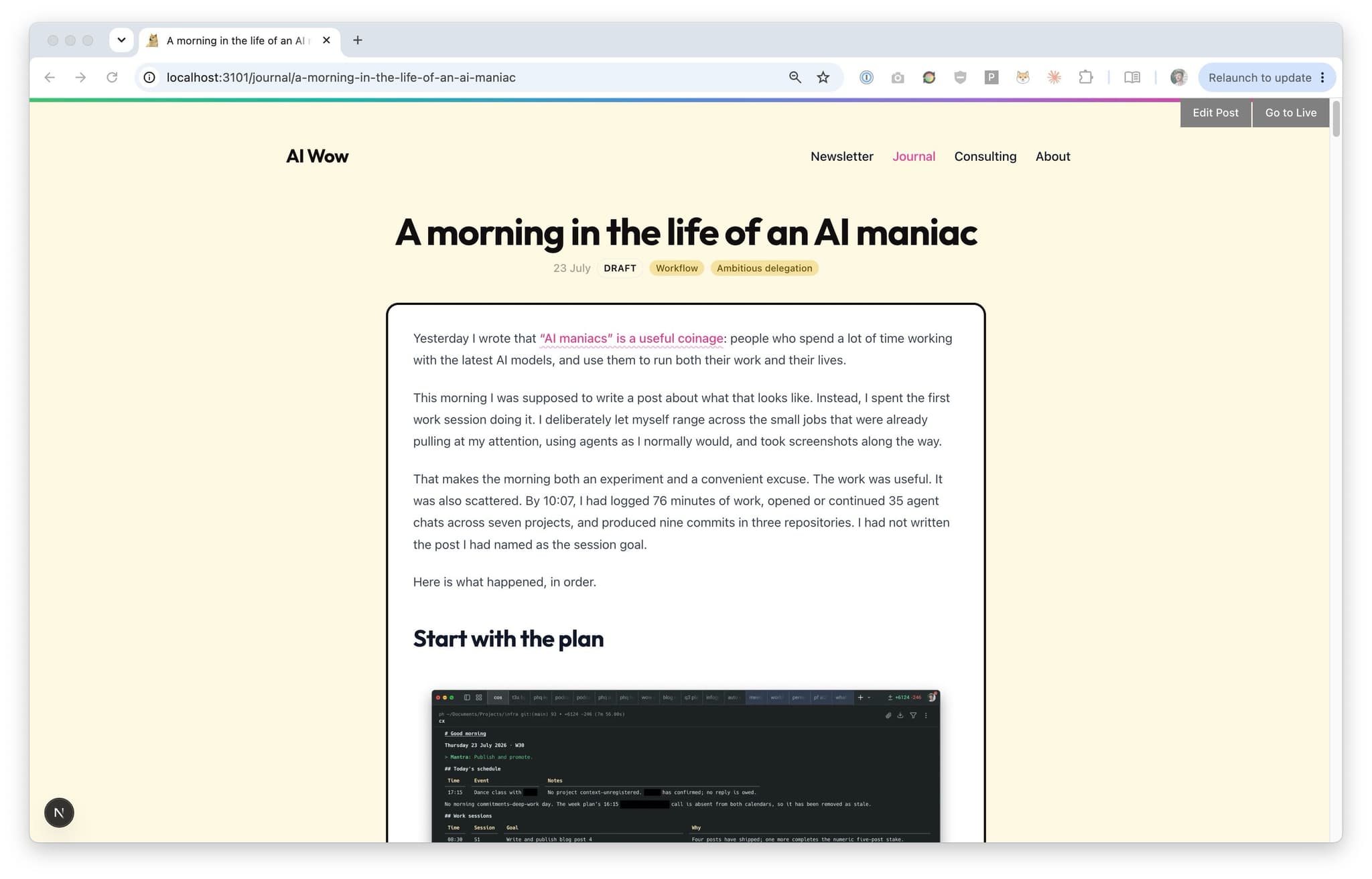 The local AI Wow preview showing the draft title, opening paragraphs and first screenshot