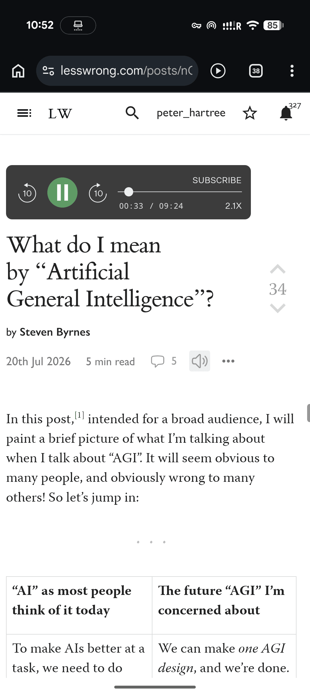 A LessWrong article playing a TYPE III AUDIO narration on my phone