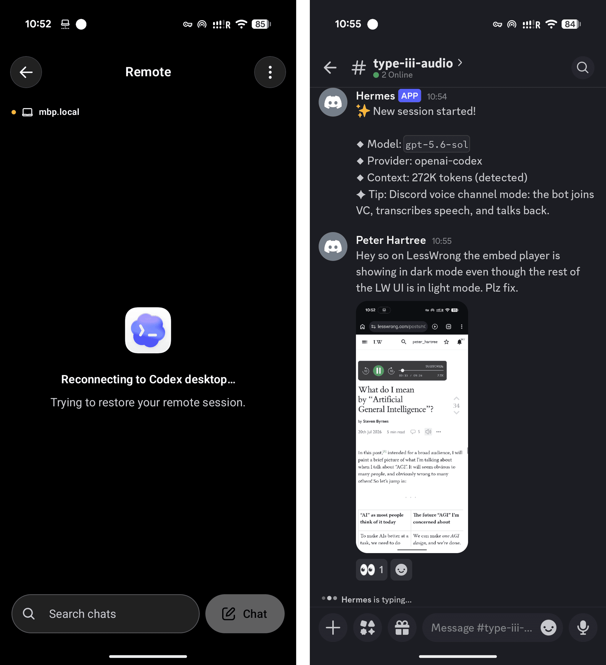 Two phone screenshots side by side: the ChatGPT mobile app trying to reconnect to my Codex desktop session, and a Hermes agent session in Discord receiving a request to fix the LessWrong audio player