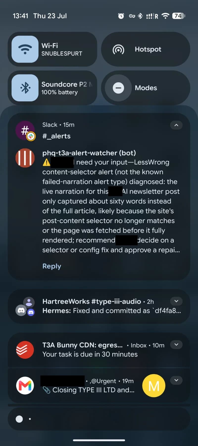 Phone notifications showing an agent escalation in Slack, a completed Hermes fix, a Todoist reminder and an email from my accountant
