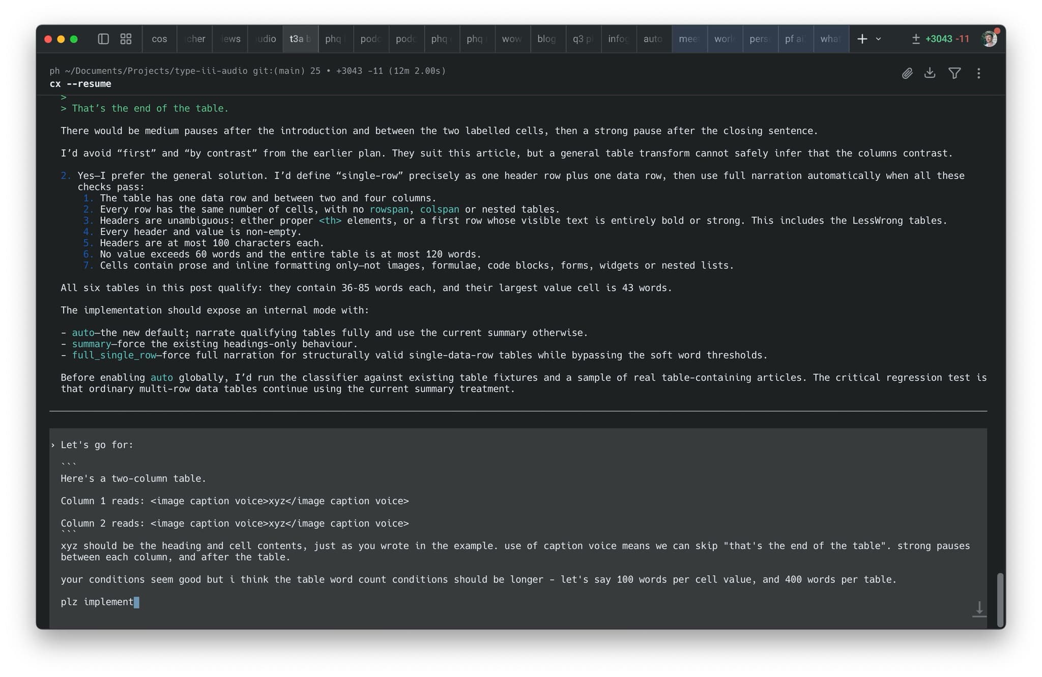 A terminal conversation planning how an audio pipeline should narrate a simple one-row table