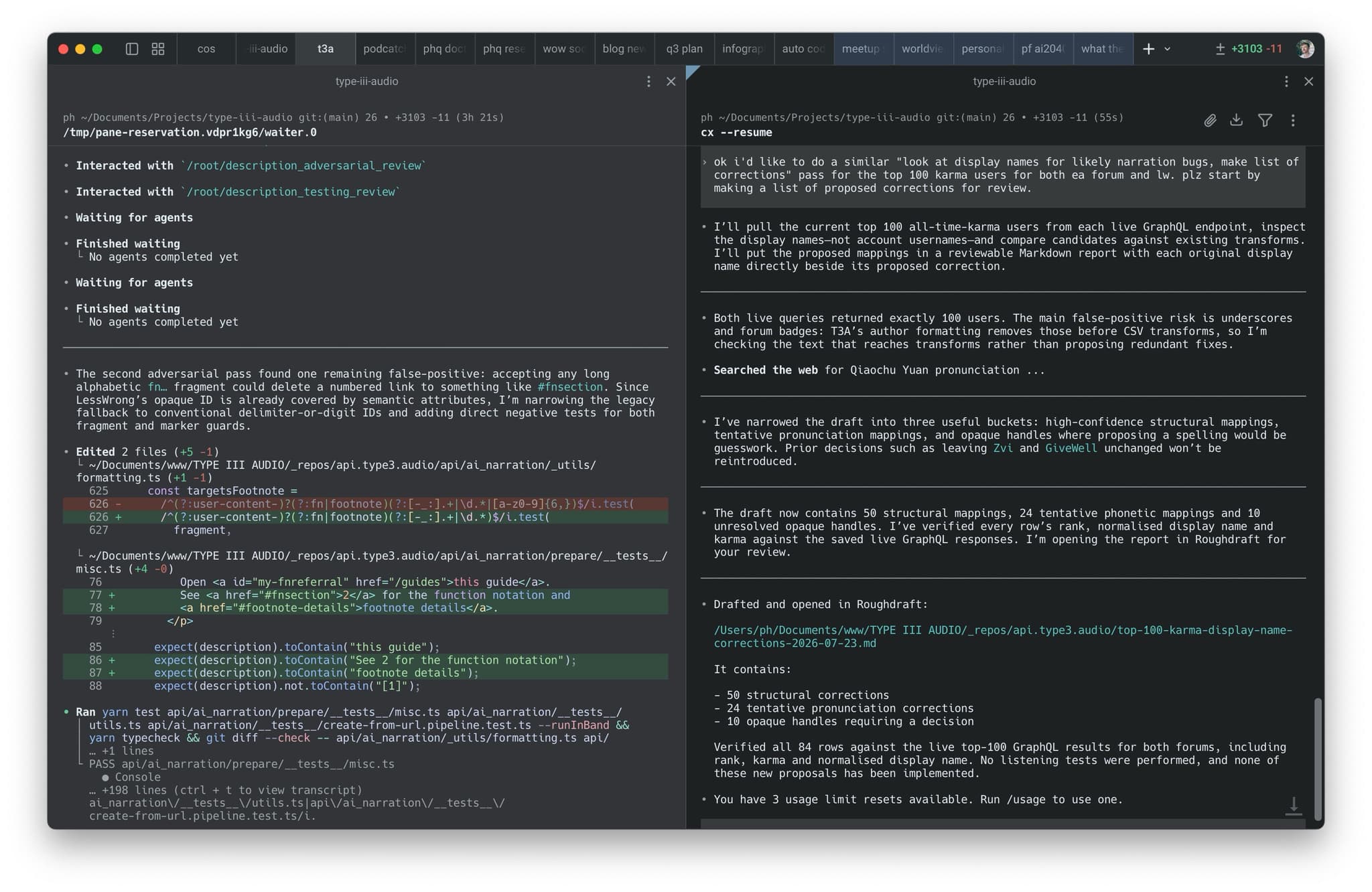 A terminal showing a generated narration correction report and the code paths behind it