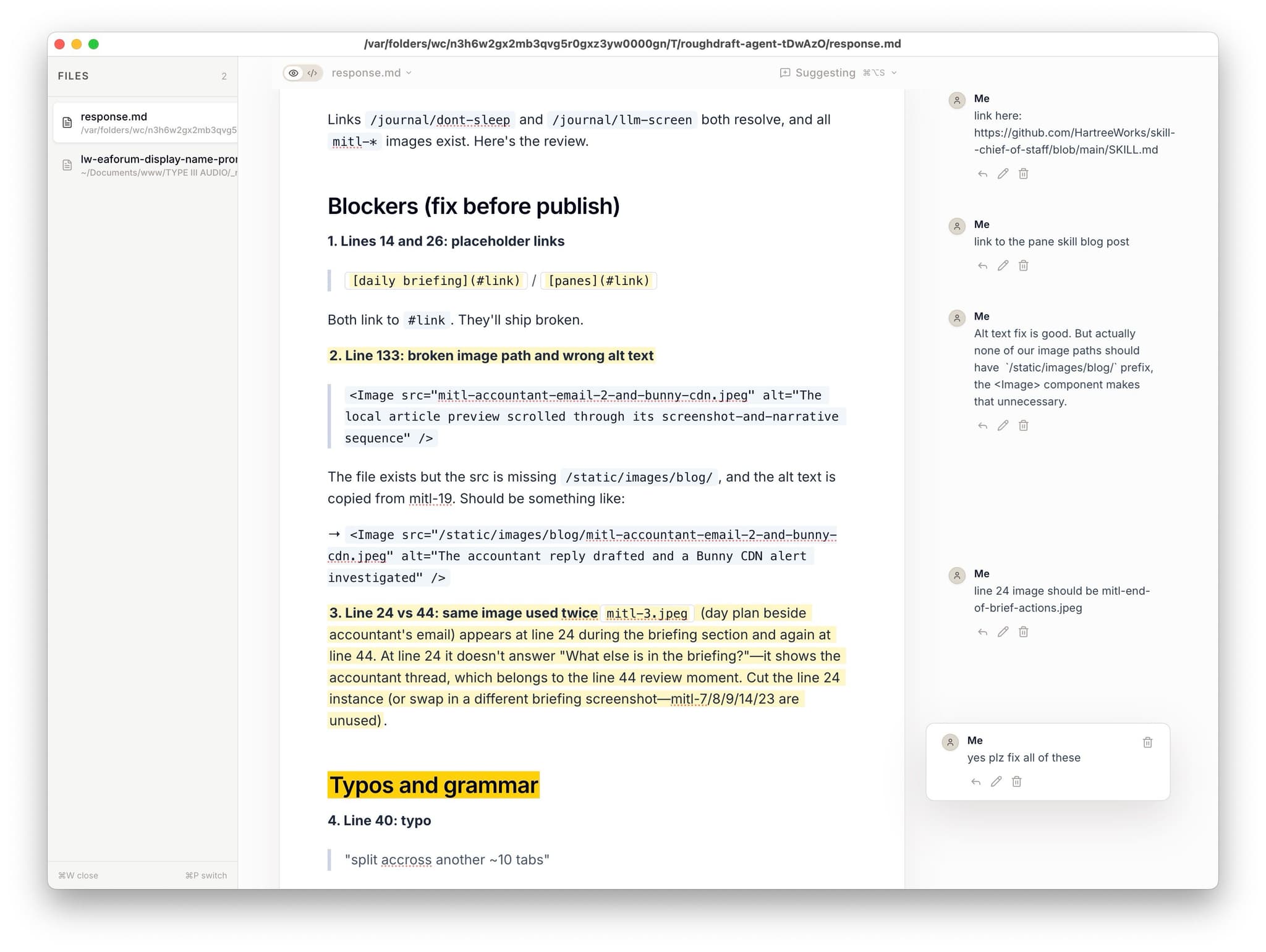 The /blog-edit review of this post open in Roughdraft, with my comments replying to the agent's numbered suggestions