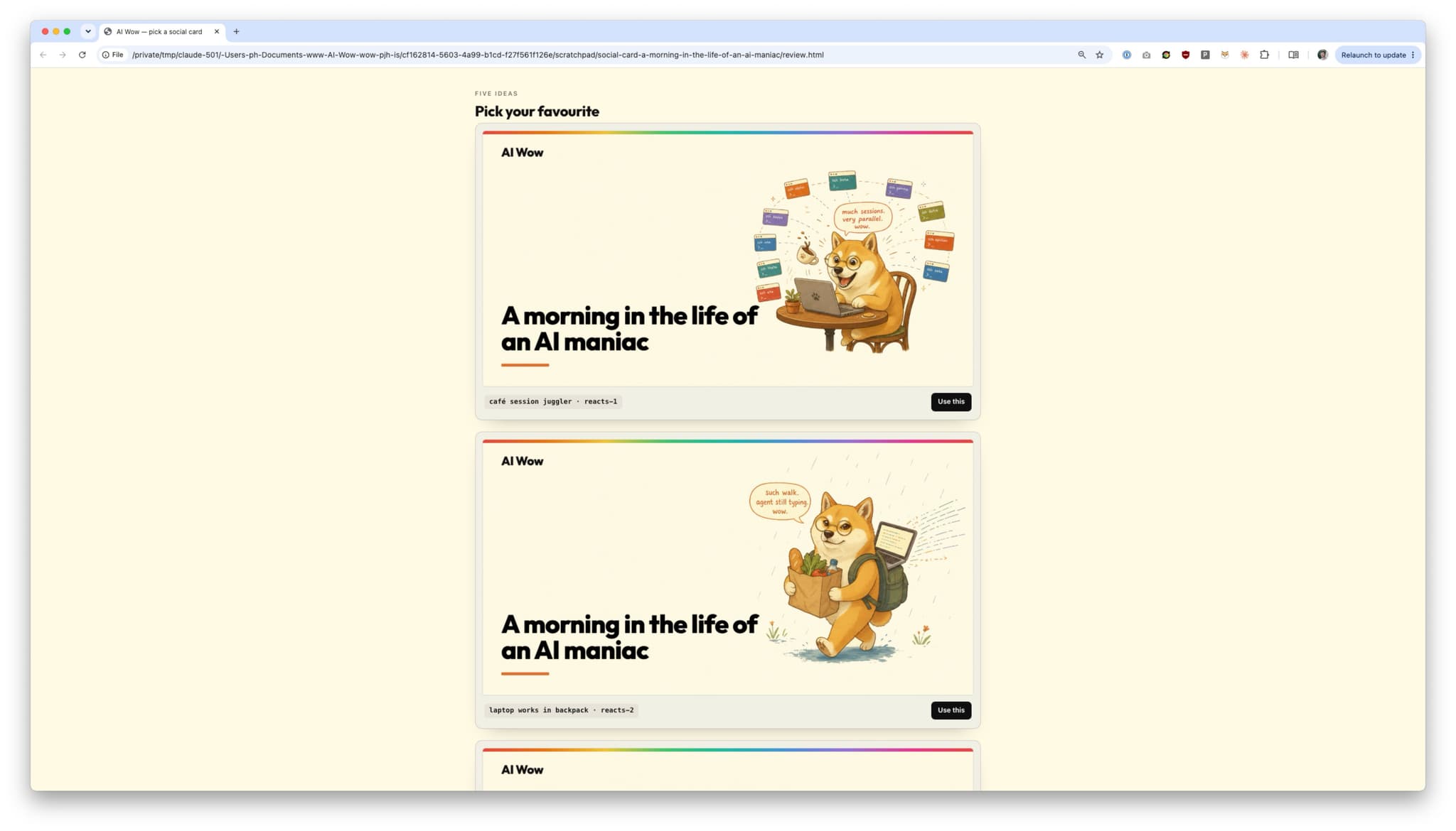 Five candidate doge illustrations generated for the post's header and social cards
