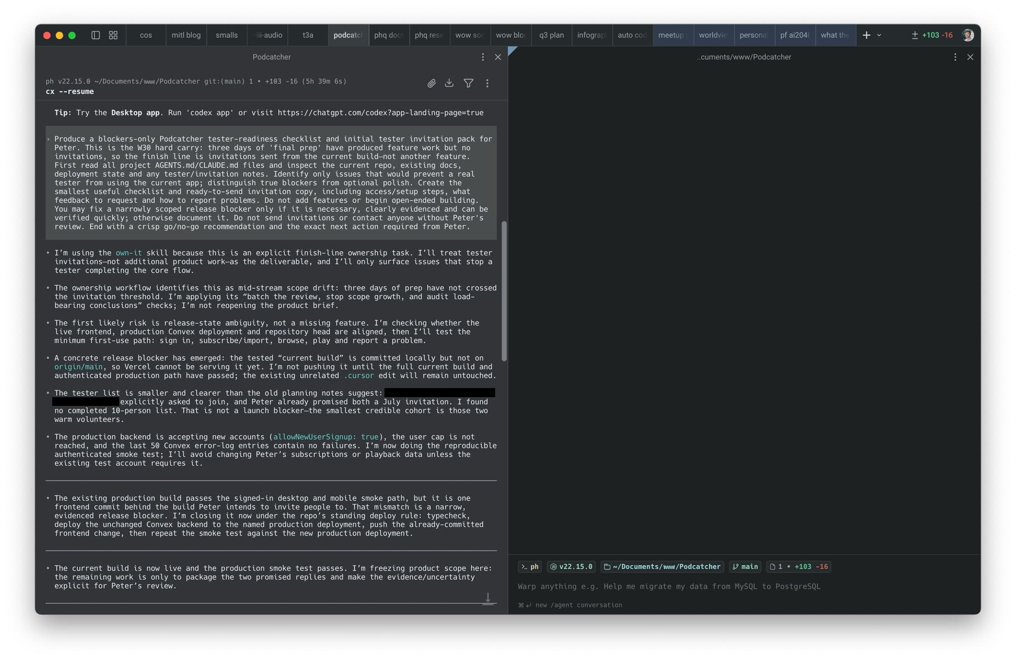 The Chief of Staff's handoff prompt for the podcatcher beta invitations