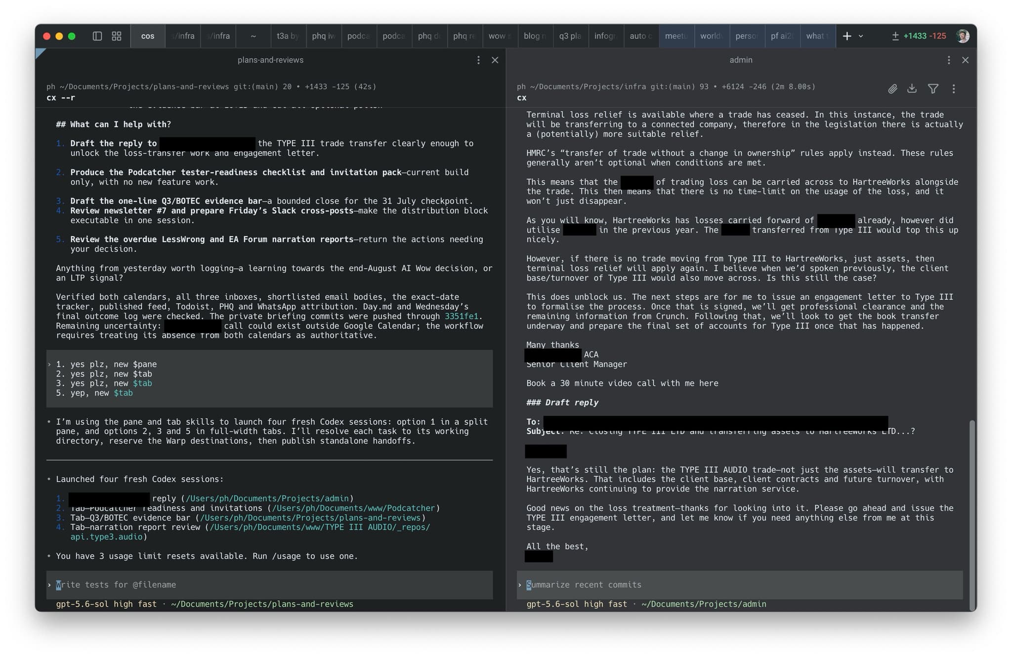 Two terminal panes showing the day plan beside an accountant’s email and a drafted reply
