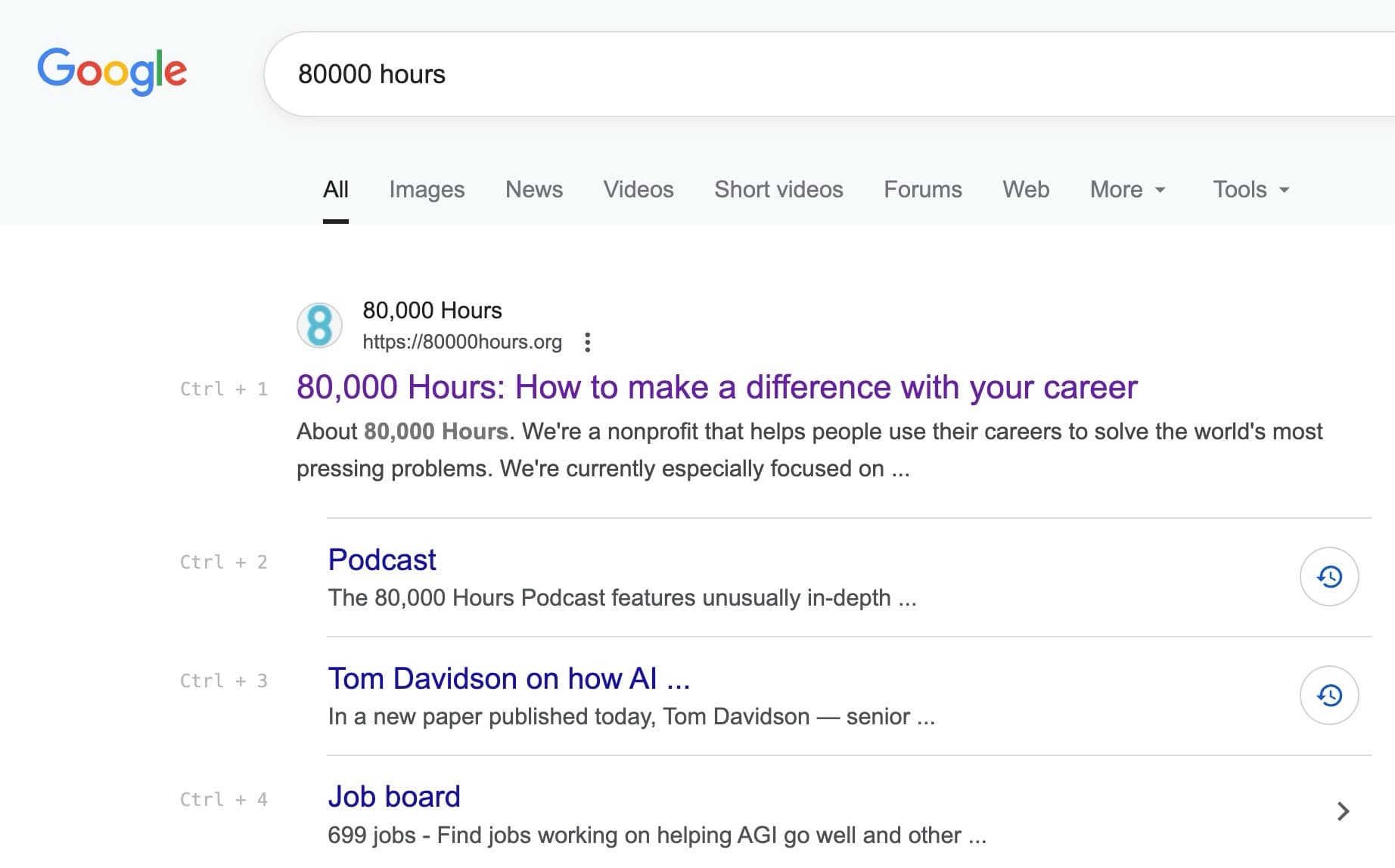 Google search shortcuts screenshot