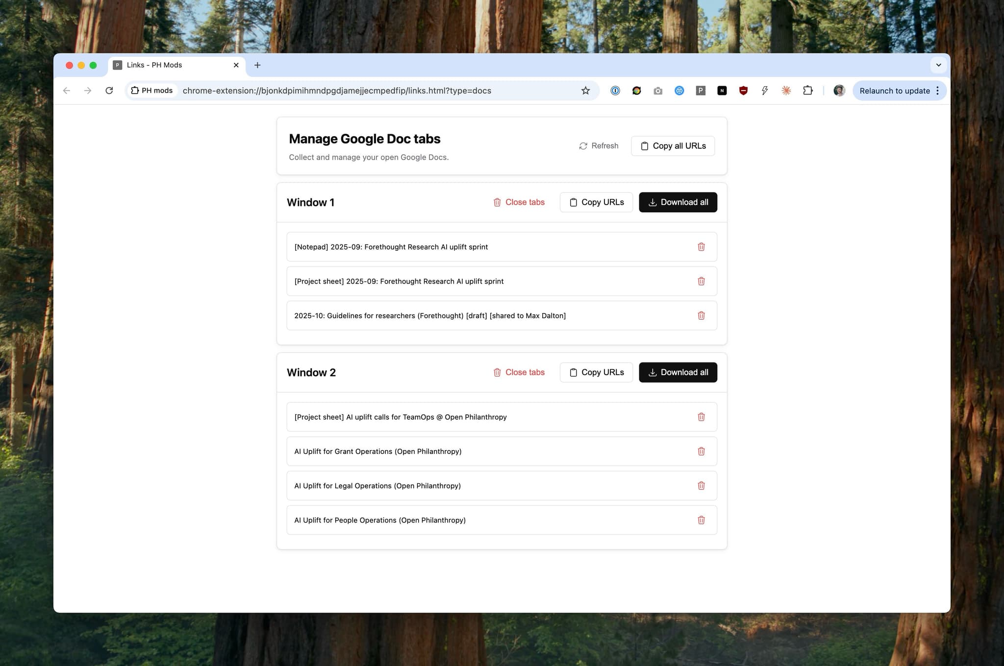 Screenshot of PH Mods managing Google Doc tabs