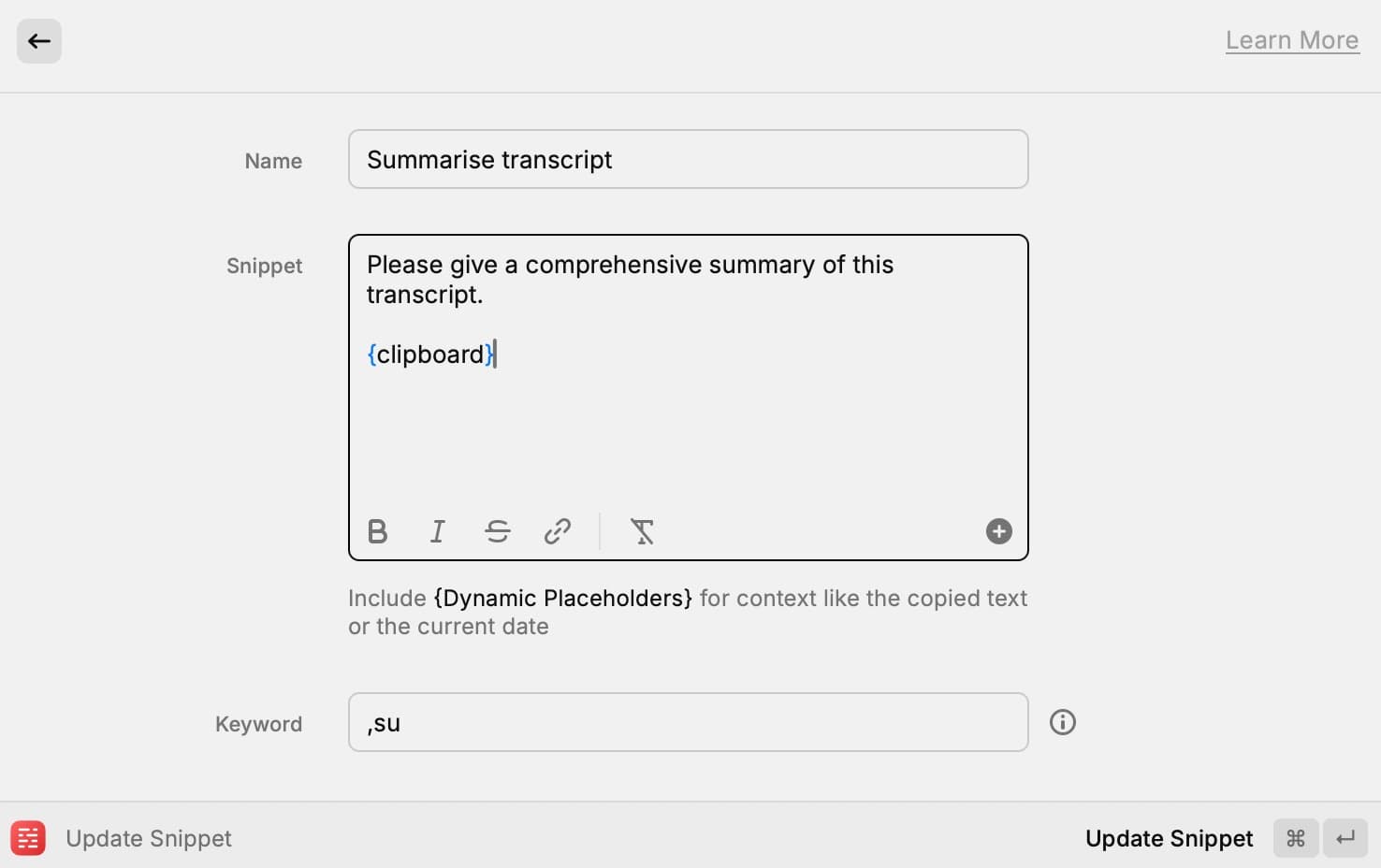 Raycast UI showing summary prompt snippet