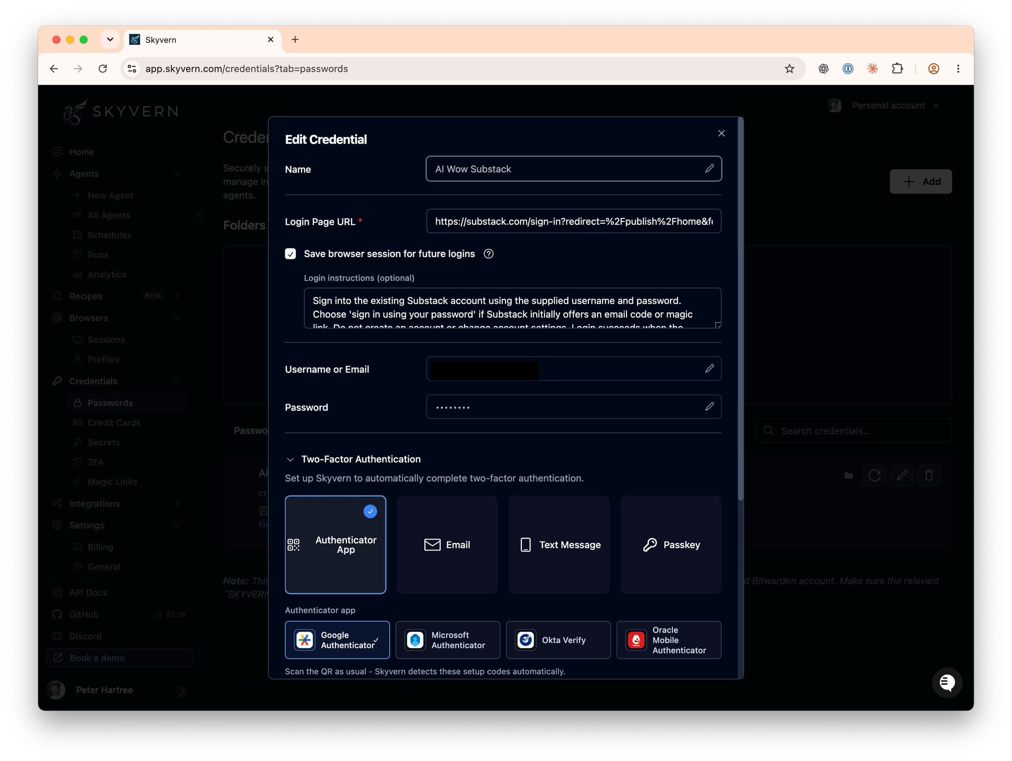 Skyvern credential settings with session saving enabled and Authenticator App selected for two-factor authentication