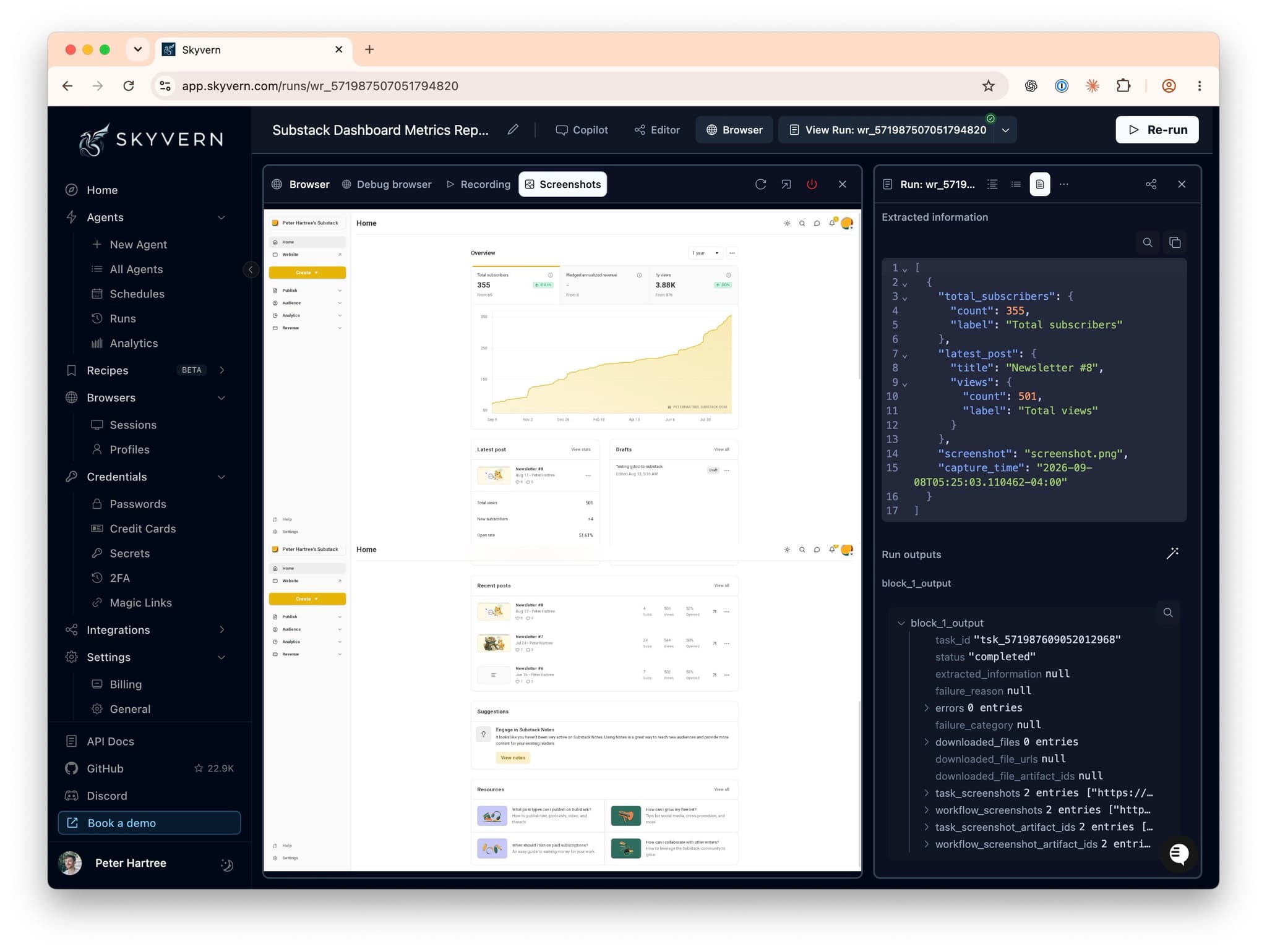 Skyvern run showing the Substack dashboard alongside extracted results: 355 subscribers and 501 total views for Newsletter #8