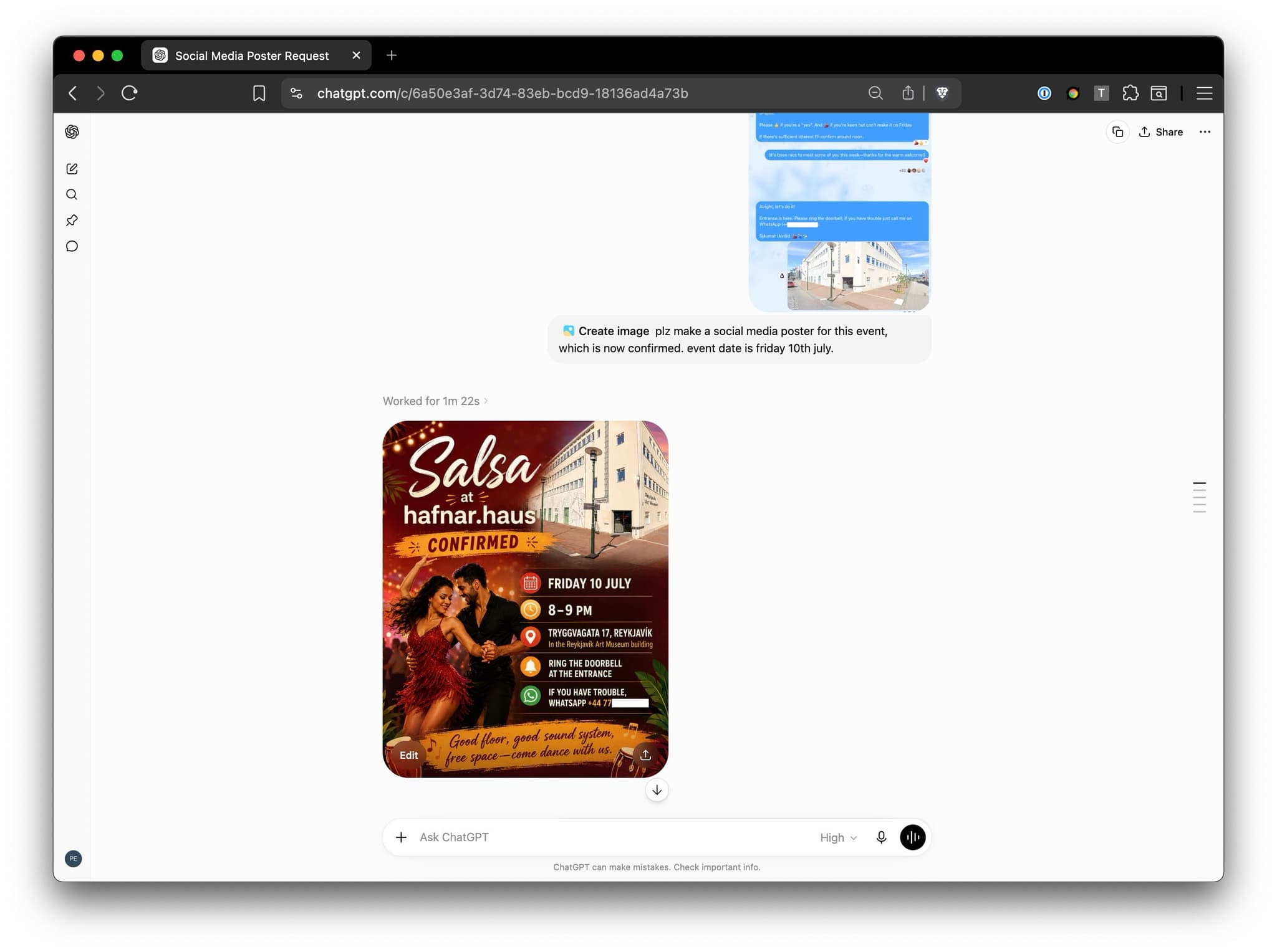 The initial salsa poster generated from a short ChatGPT prompt