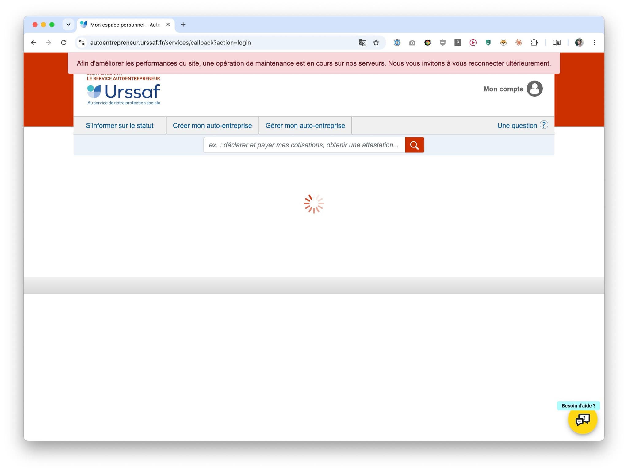 The Urssaf self-employed portal showing only a pink banner saying maintenance is under way and to reconnect later, with the rest of the page blank