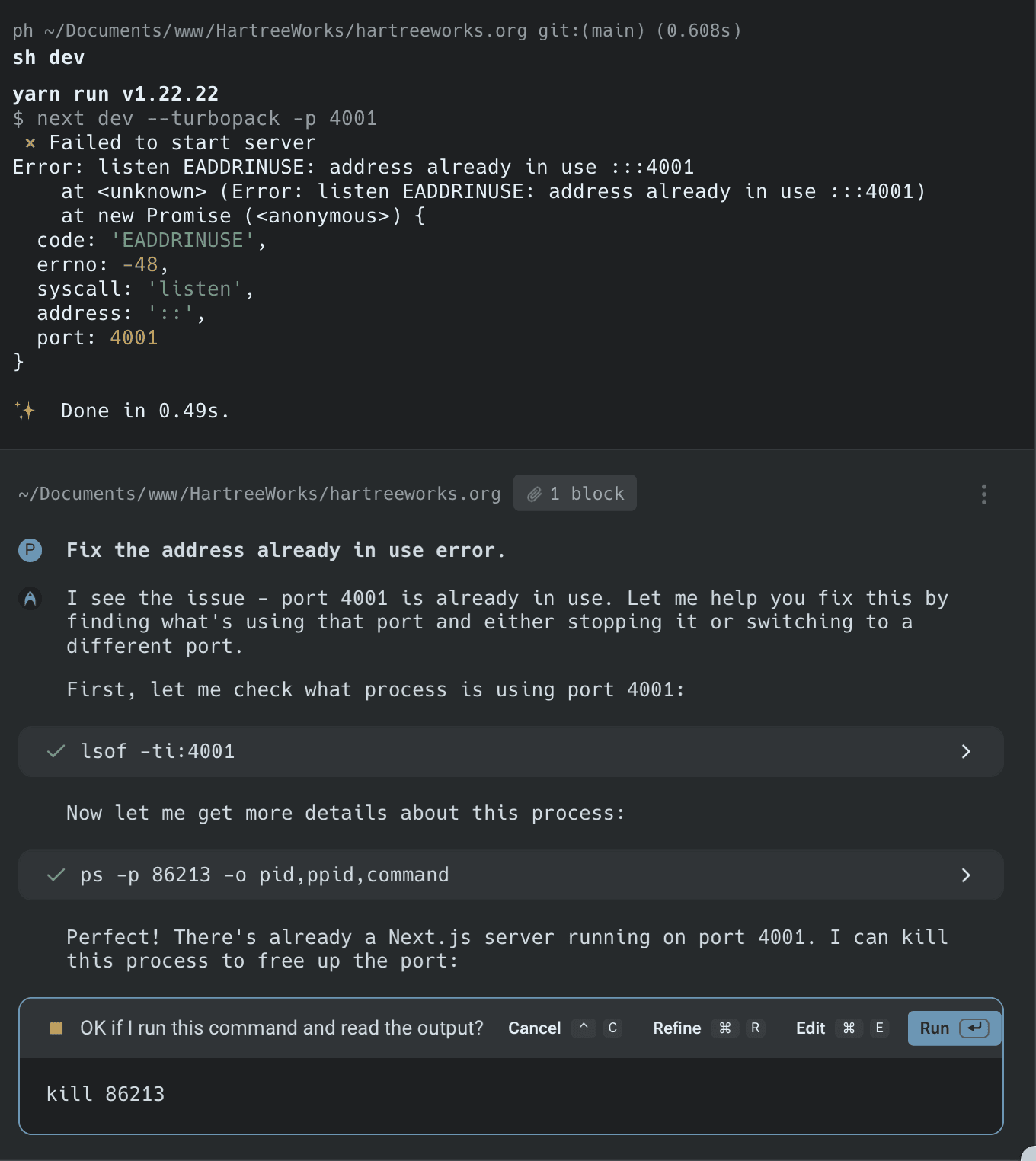 Warp terminal showing an error about an address in use