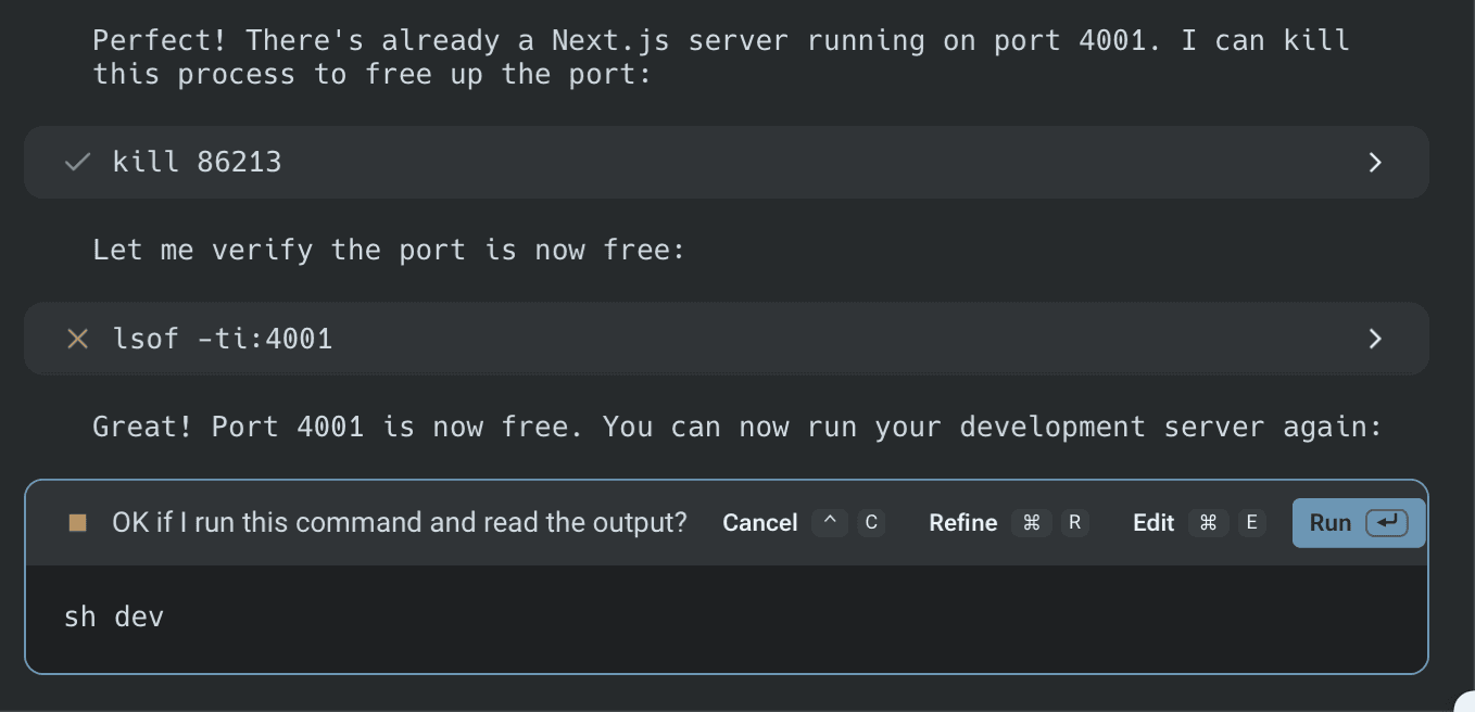 Warp terminal showing an error about an address in use