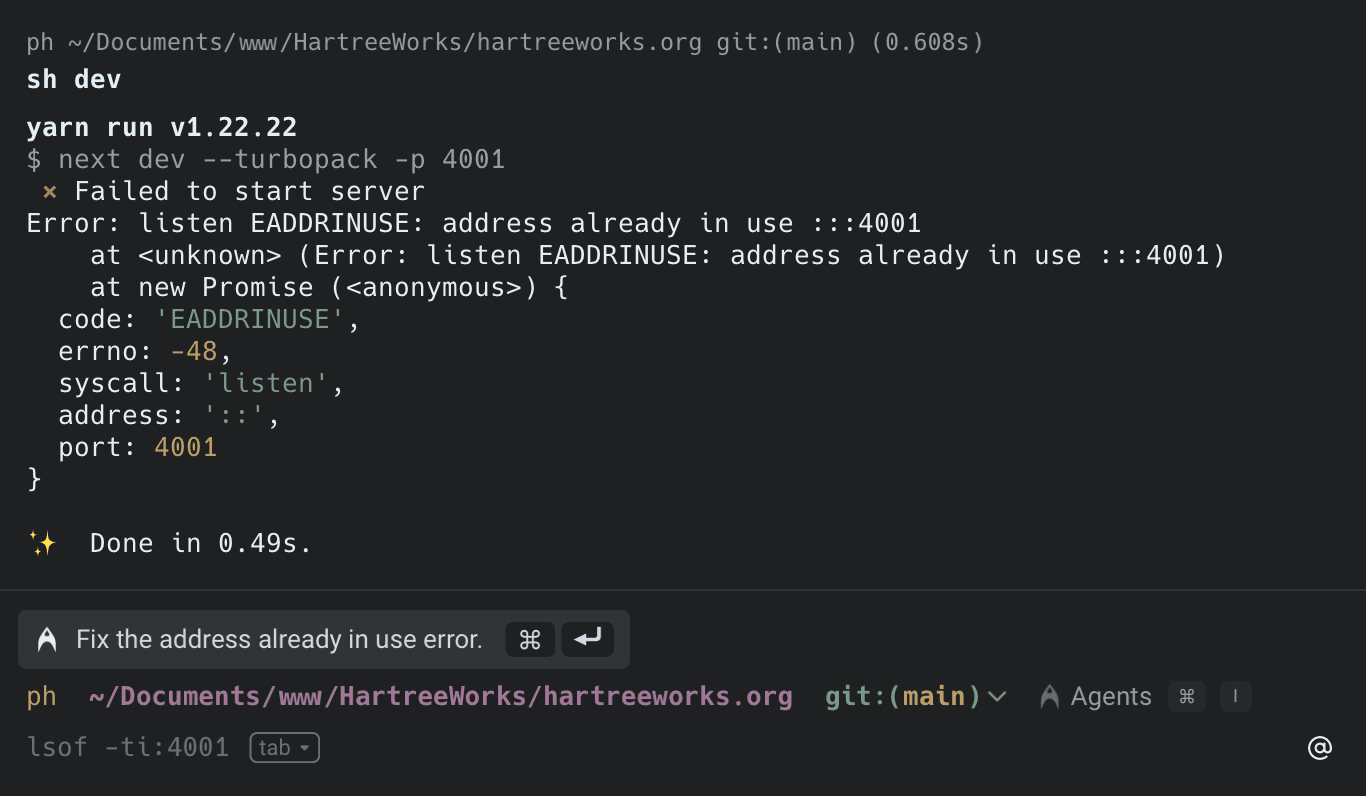 Warp terminal showing an error about an address in use